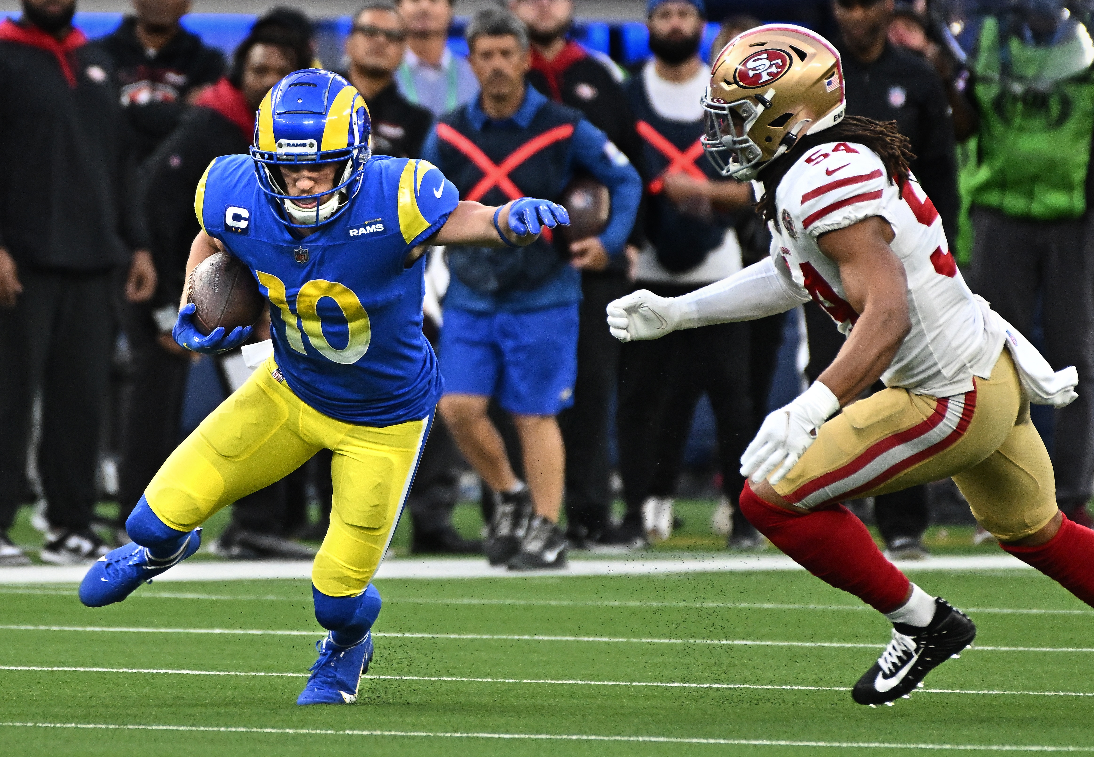 Inglewood, California January 30, 2022: Rams receiver Cooper Kupp against the 49ers in the NFC Championship at SoFi Stadium in Inglewood Sunday. (Wally Skalij/Los Angeles Times via Getty Images)