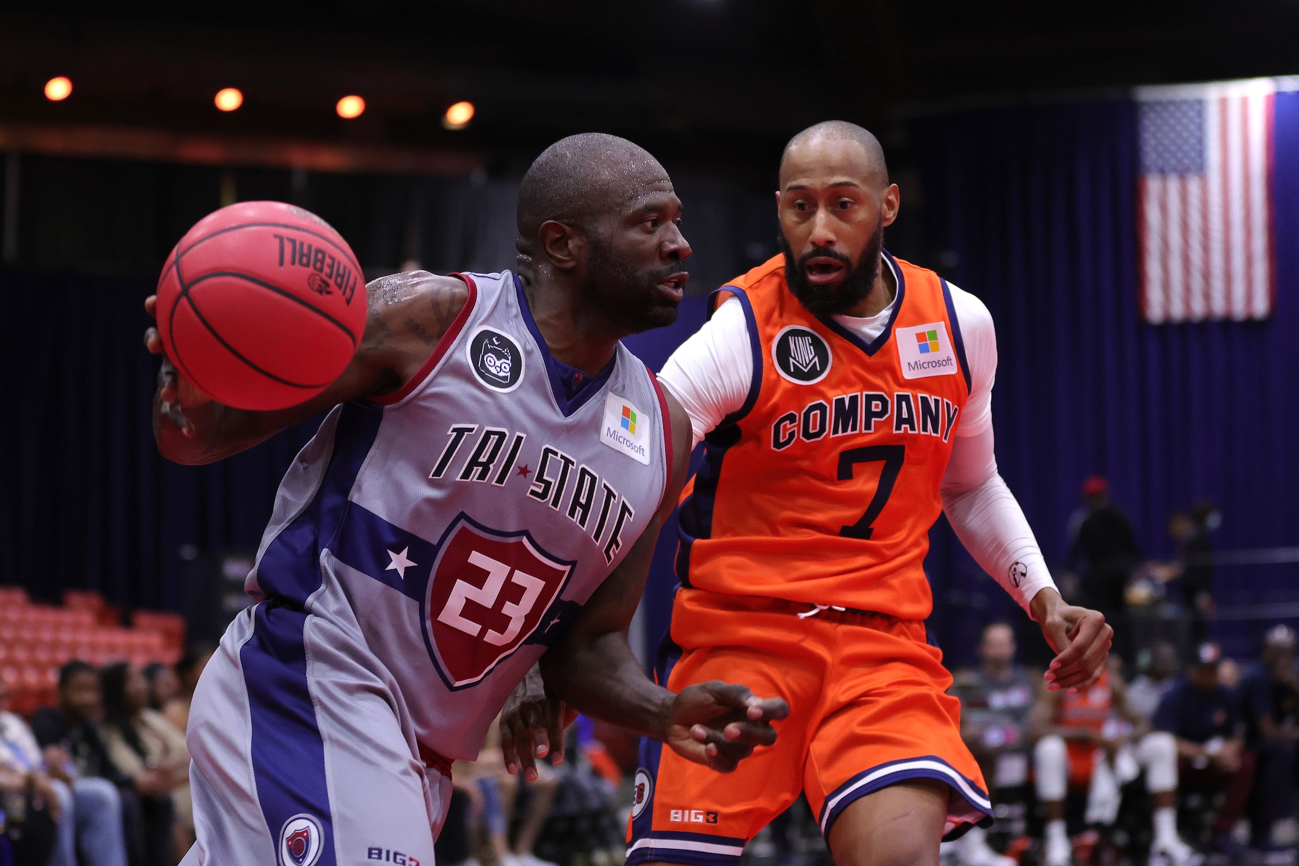 CHICAGO, ILLINOIS - JUNE 25: Jason Richardson #23 of the Tri-State drives against Alex Scales #7 of 3's Company during BIG3 Week Two at Credit Union 1 Arena on June 25, 2022 in Chicago, Illinois. (Photo by Stacy Revere/Getty Images for BIG3)