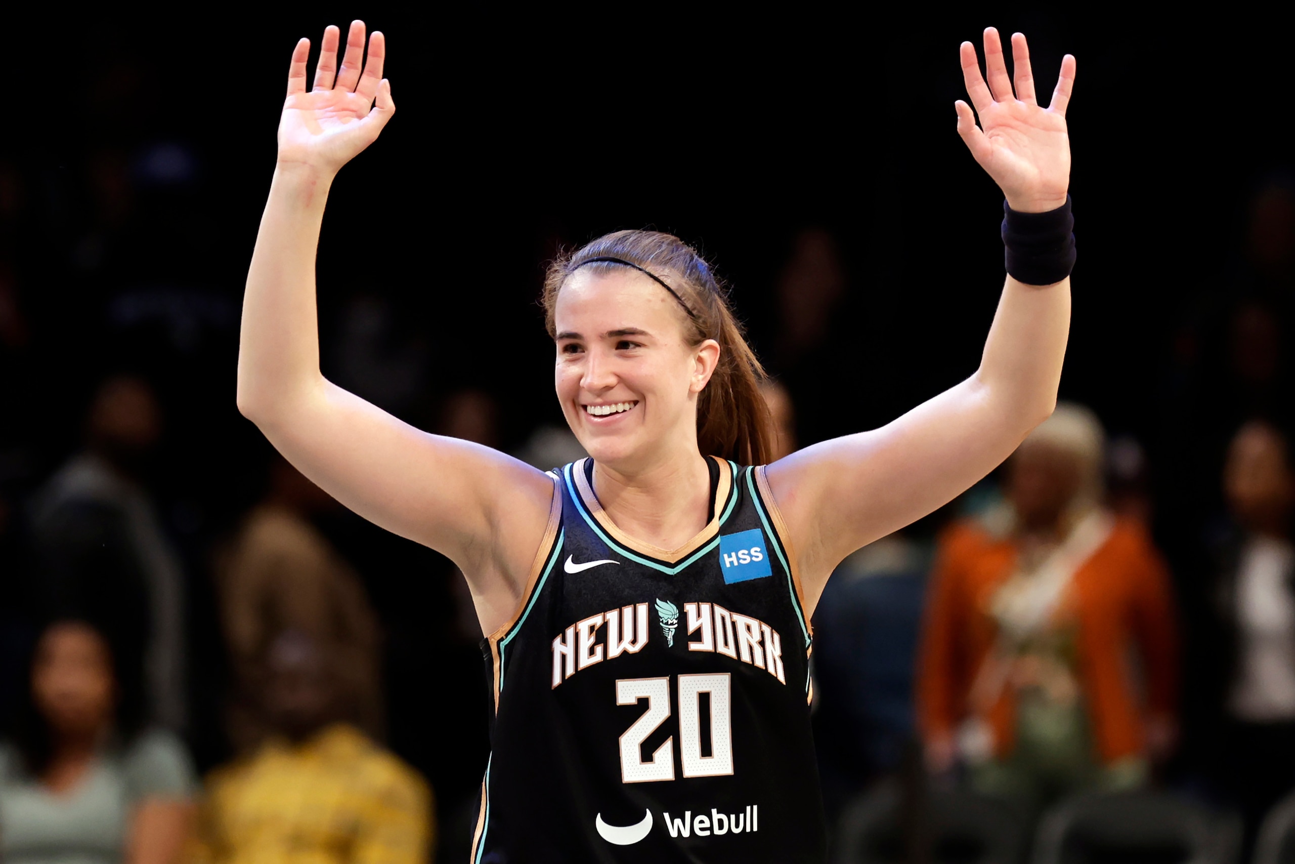 New York Liberty guard Sabrina Ionescu (20) reacts against the Connecticut Sun in the second half during a WNBA basketball game, Saturday, May 7, 2022, in New York. The Liberty won 81-79. (AP Photo/Adam Hunger)