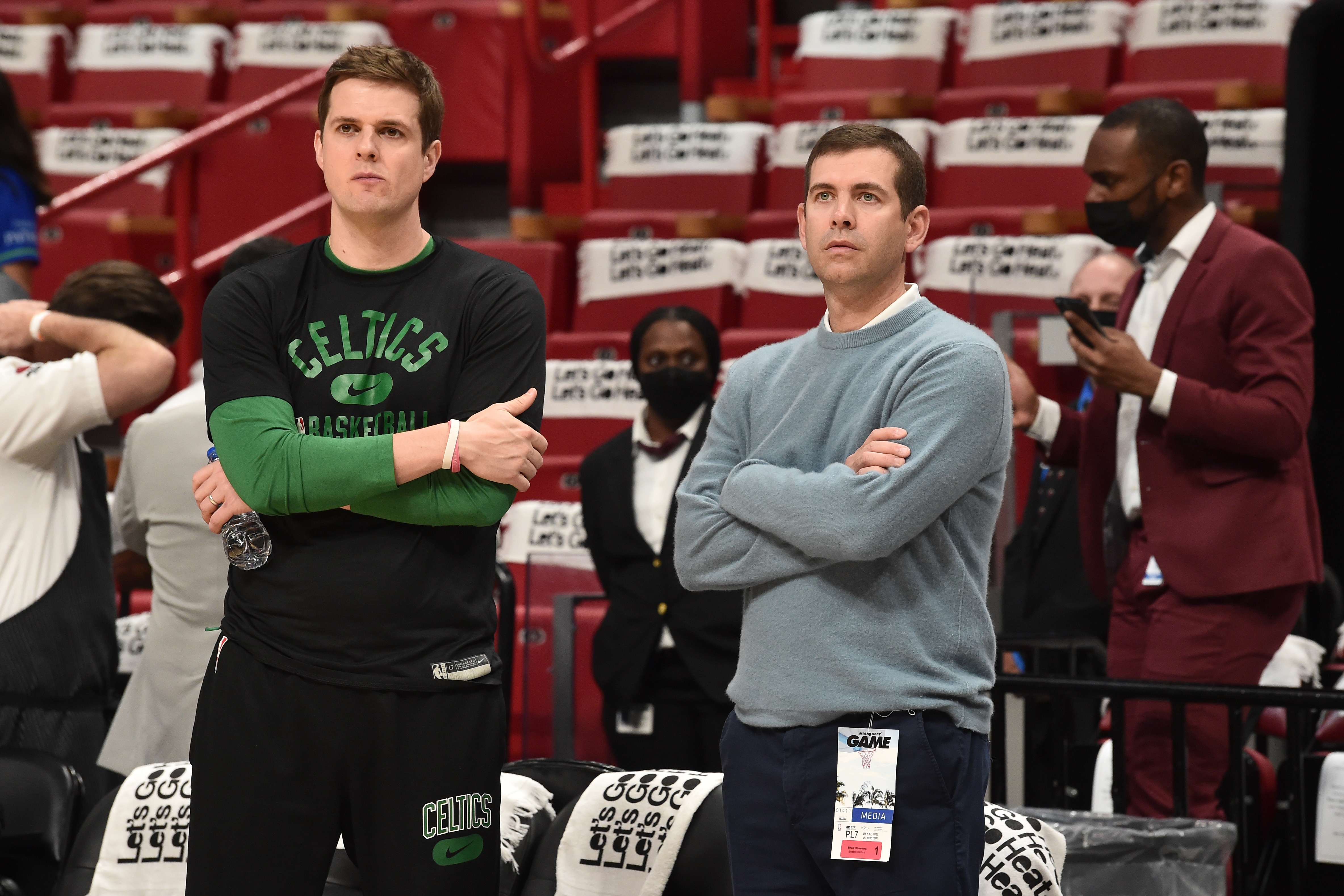 MIAMI, FL - MAY 17: Assistant Coach Will Hardy of the Boston Celtics talks to Brad Stevens of the Boston Celtics before Game 1 of the 2022 NBA Playoffs Eastern Conference Finals on May 17, 2022 at FTX Arena in Miami, Florida. NOTE TO USER: User expressly acknowledges and agrees that, by downloading and or using this Photograph, user is consenting to the terms and conditions of the Getty Images License Agreement. Mandatory Copyright Notice: Copyright 2022 NBAE (Photo by David Dow/NBAE via Getty Images)