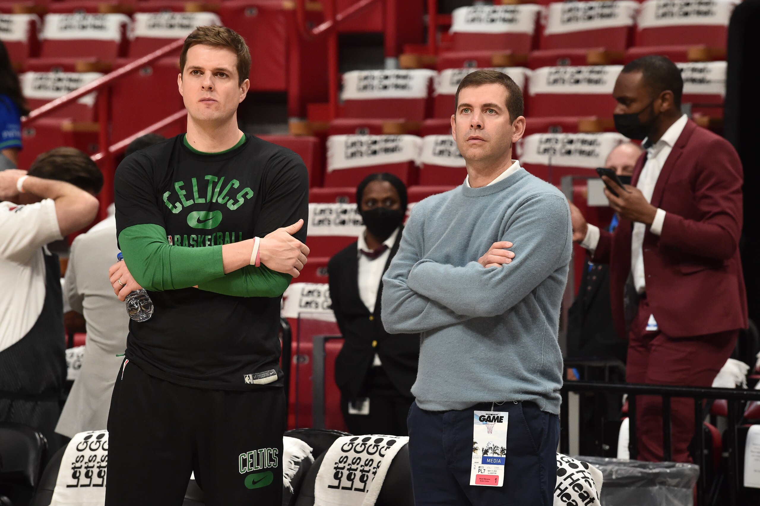 MIAMI, FL - MAY 17: Assistant Coach Will Hardy of the Boston Celtics talks to Brad Stevens of the Boston Celtics before Game 1 of the 2022 NBA Playoffs Eastern Conference Finals on May 17, 2022 at FTX Arena in Miami, Florida. NOTE TO USER: User expressly acknowledges and agrees that, by downloading and or using this Photograph, user is consenting to the terms and conditions of the Getty Images License Agreement. Mandatory Copyright Notice: Copyright 2022 NBAE (Photo by David Dow/NBAE via Getty Images) MIAMI, FL - MAY 17: Assistant Coach Will Hardy of the Boston Celtics talks to Brad Stevens of the Boston Celtics before Game 1 of the 2022 NBA Playoffs Eastern Conference Finals on May 17, 2022 at FTX Arena in Miami, Florida. NOTE TO USER: User expressly acknowledges and agrees that, by downloading and or using this Photograph, user is consenting to the terms and conditions of the Getty Images License Agreement. Mandatory Copyright Notice: Copyright 2022 NBAE (Photo by David Dow/NBAE via Getty Images)