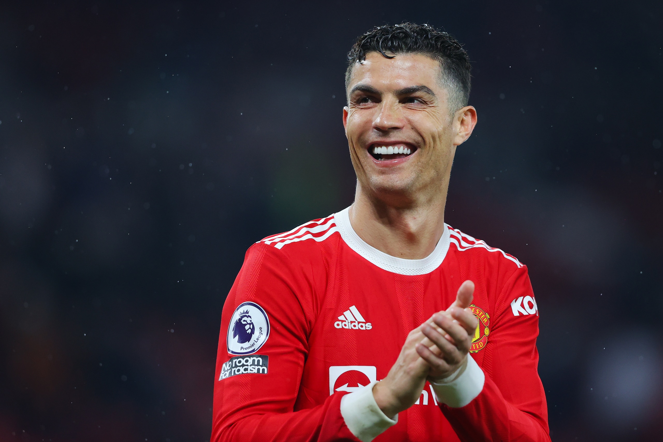 MANCHESTER, ENGLAND - MAY 02: Cristiano Ronaldo of Manchester United applauds the home support following the Premier League match between Manchester United and Brentford at Old Trafford on May 02, 2022 in Manchester, England. (Photo by James Gill - Danehouse/Getty Images)