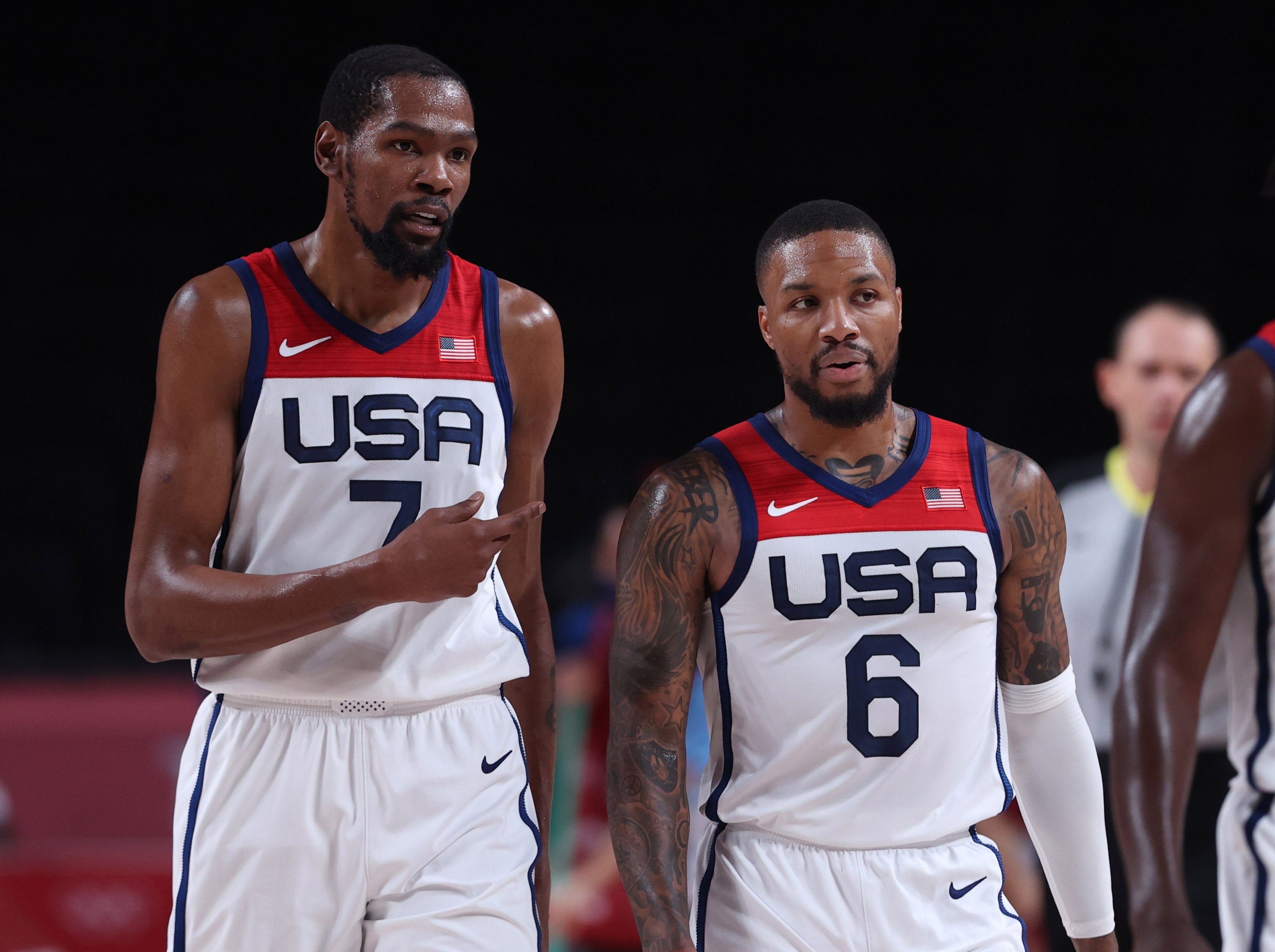 Kevin Durant L of the United States talks with Damian Lillard during the men's basketball semifinal between the United States and Australia at Tokyo 2020 Olympic Games in Saitama, Japan, Aug. 5, 2021. (Photo by Meng Yongmin/Xinhua via Getty Images) Kevin Durant L of the United States talks with Damian Lillard during the men's basketball semifinal between the United States and Australia at Tokyo 2020 Olympic Games in Saitama, Japan, Aug. 5, 2021. (Photo by Meng Yongmin/Xinhua via Getty Images)
