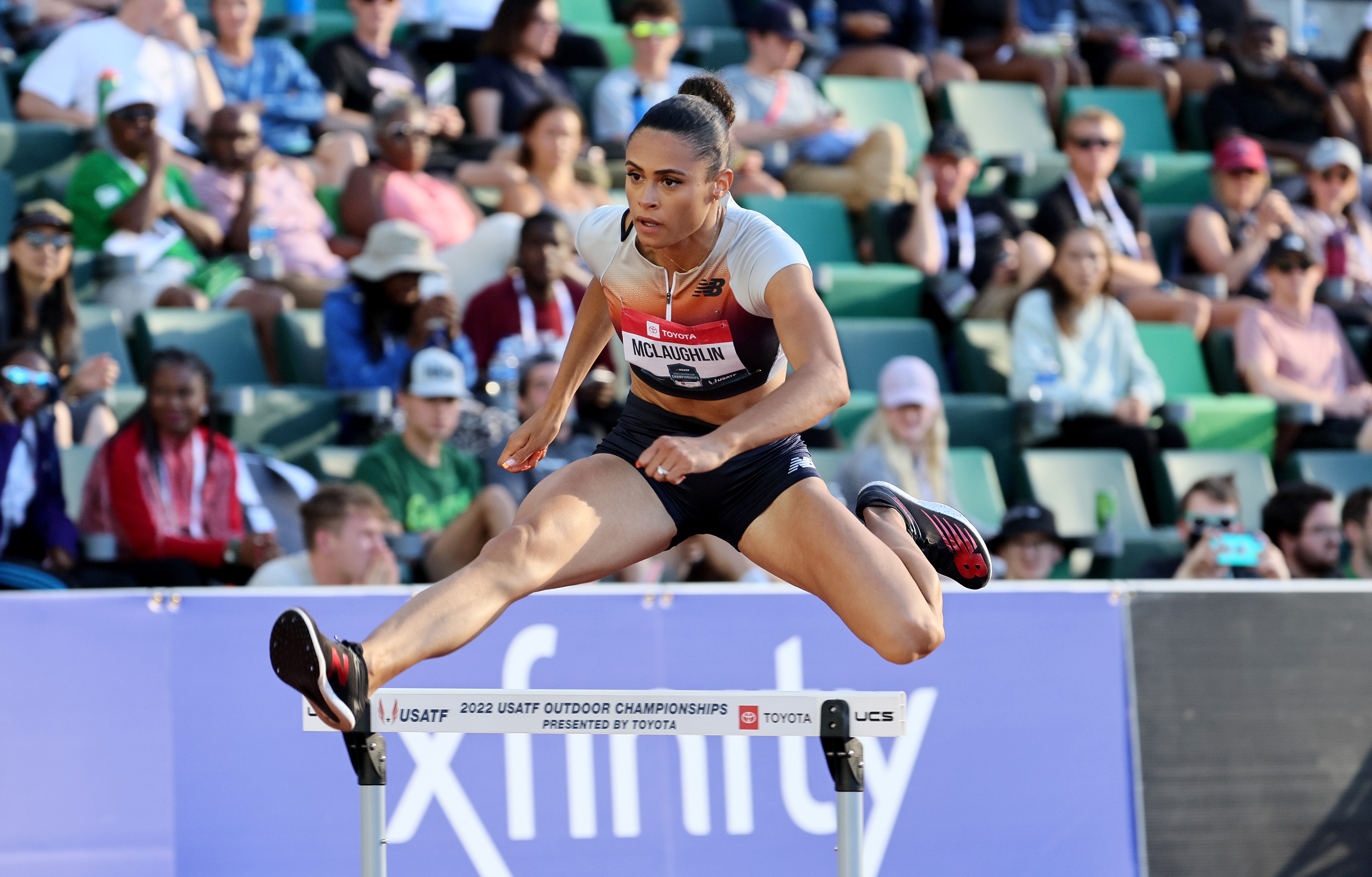 EUGENE, OREGON - JUNE 24: Sydney McLaughlin
 wins the Semi-Final of the Women 400 Meter Hurdles during the 2022 USATF Outdoor Championships at Hayward Field on June 24, 2022 in Eugene, Oregon. (Photo by Andy Lyons/Getty Images)