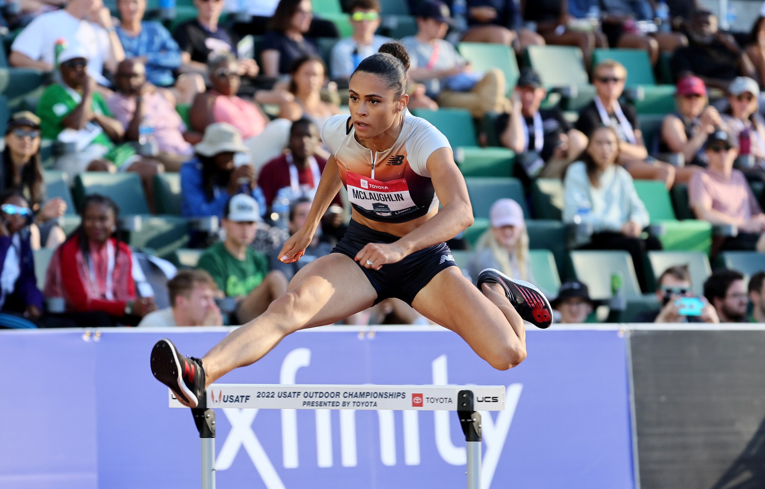 EUGENE, OREGON - JUNE 24: Sydney McLaughlin
 wins the Semi-Final of the Women 400 Meter Hurdles during the 2022 USATF Outdoor Championships at Hayward Field on June 24, 2022 in Eugene, Oregon. (Photo by Andy Lyons/Getty Images)