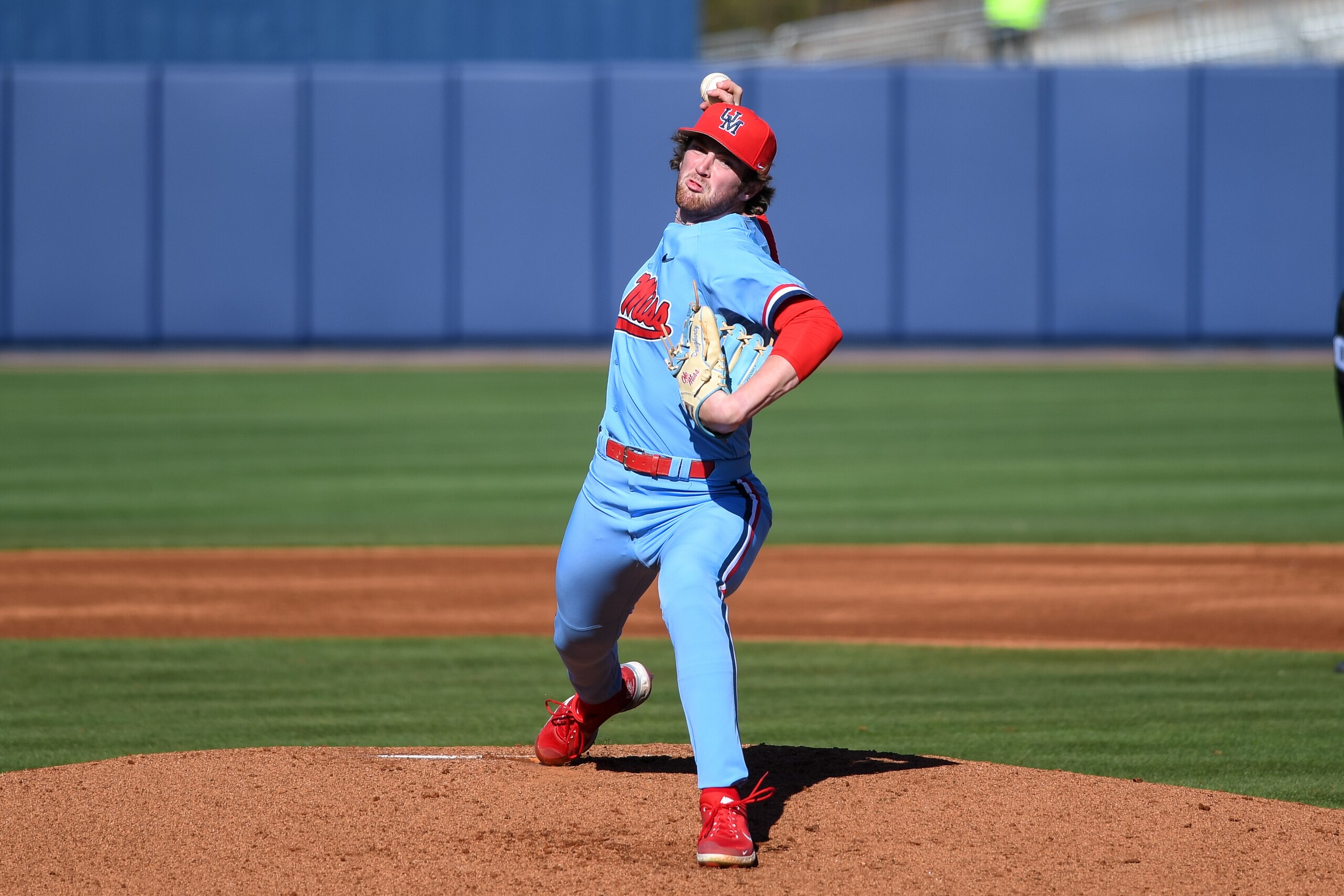 OXFORD, MS - MARCH 13: Ole Miss pitcher Jack Dougherty (39) on the mound during the college baseball game between the Oral Roberts Golden Eagles and the Ole' Miss Rebels on March 13, 2022 at Swayze Field in Oxford, MS. (Photo by Kevin Langley/Icon Sportswire via Getty Images)