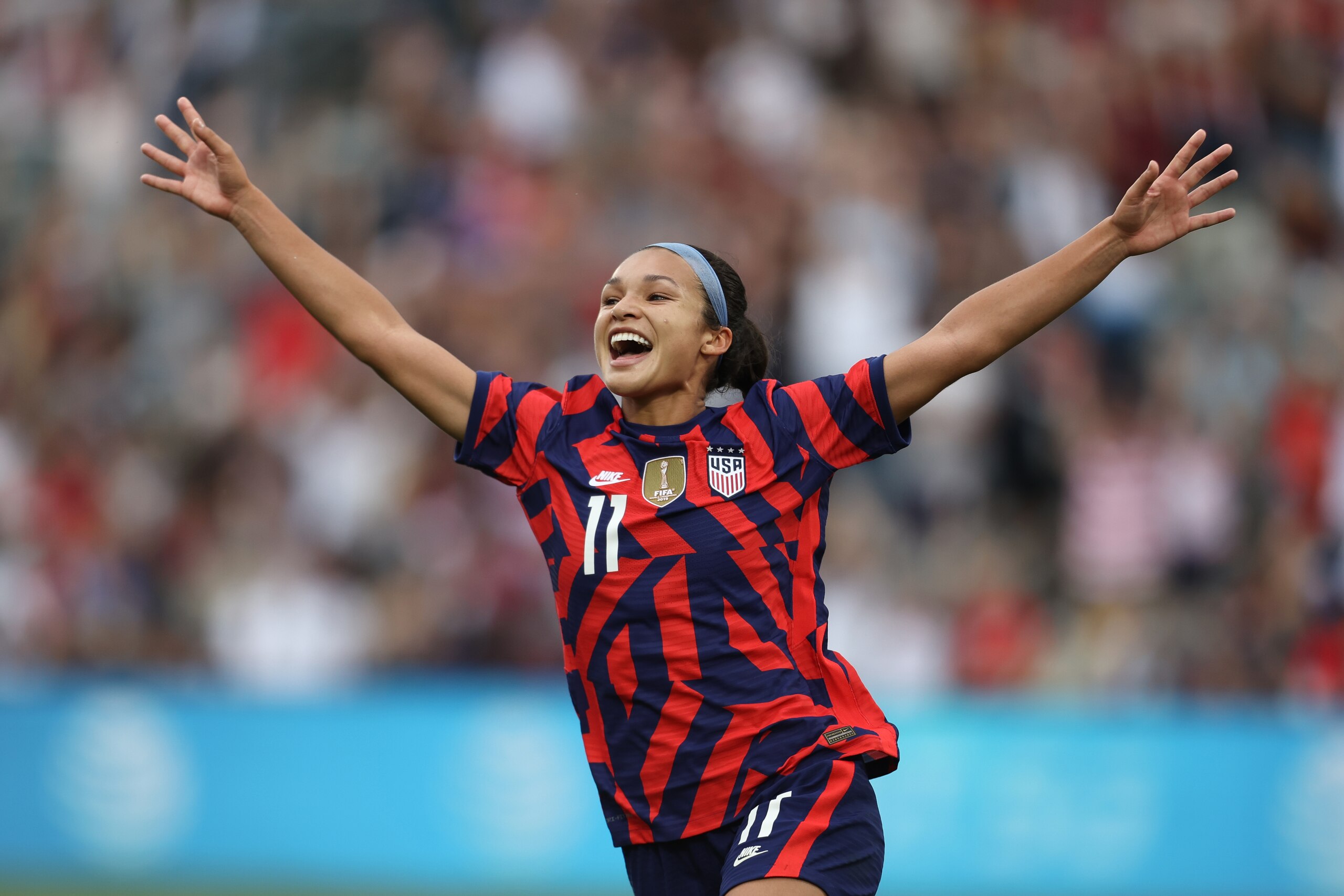 COMMERCE CITY, CO - JUNE 25: Sophia Smith #11 of United States celebrates after scoring 2nd goal during the friendly game between Colombia and United States at Dick's Sporting Goods Park on June 25, 2022 in Commerce City, Colorado. (Photo by Omar Vega/Getty Images)