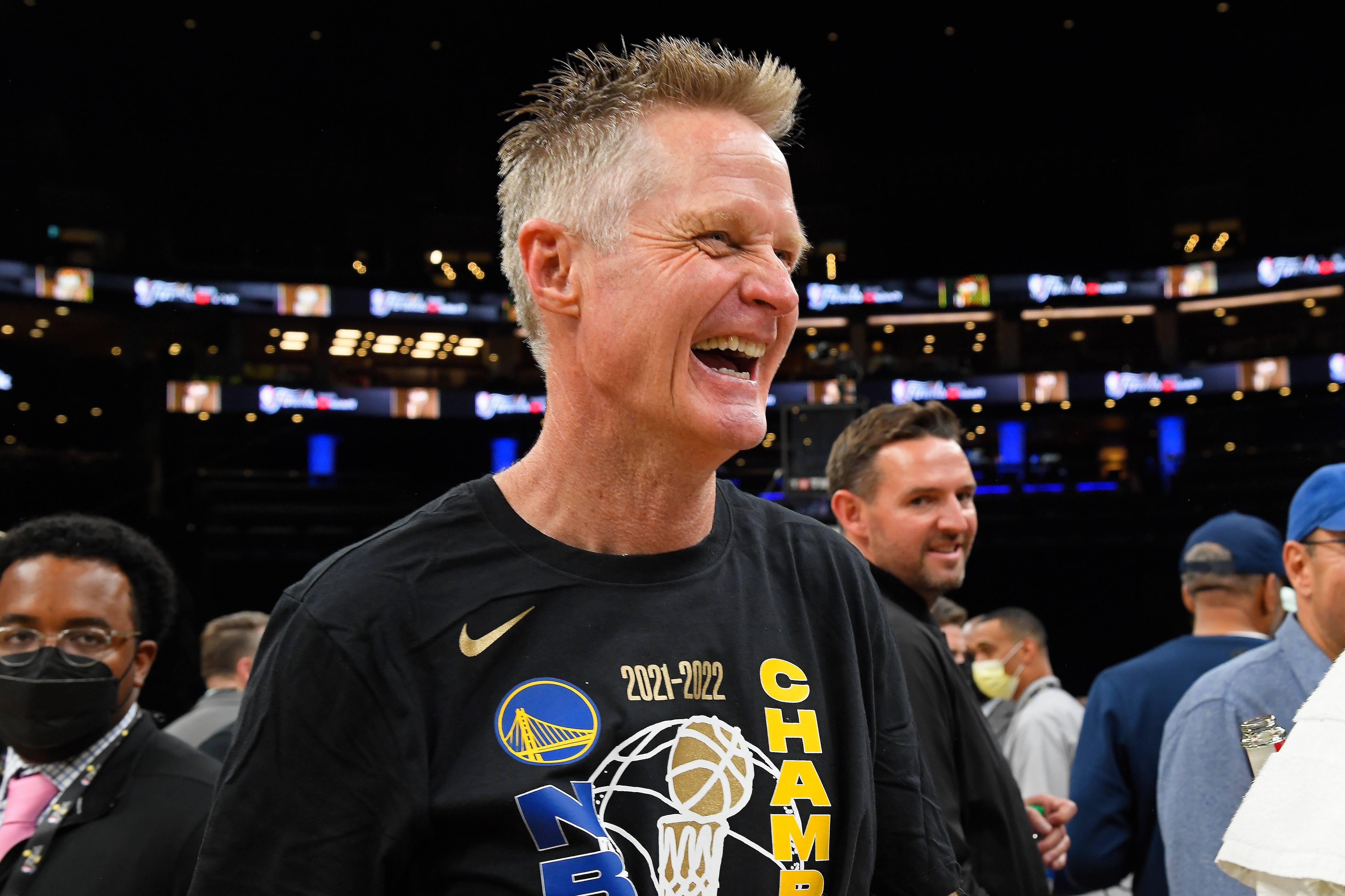 BOSTON, MA - JUNE 16: Head Coach Steve Kerr of the Golden State Warriors celebrates after Game Six of the 2022 NBA Finals on June 16, 2022 at TD Garden in Boston, Massachusetts. NOTE TO USER: User expressly acknowledges and agrees that, by downloading and or using this photograph, user is consenting to the terms and conditions of Getty Images License Agreement. Mandatory Copyright Notice: Copyright 2022 NBAE (Photo by Brian Babineau/NBAE via Getty Images)