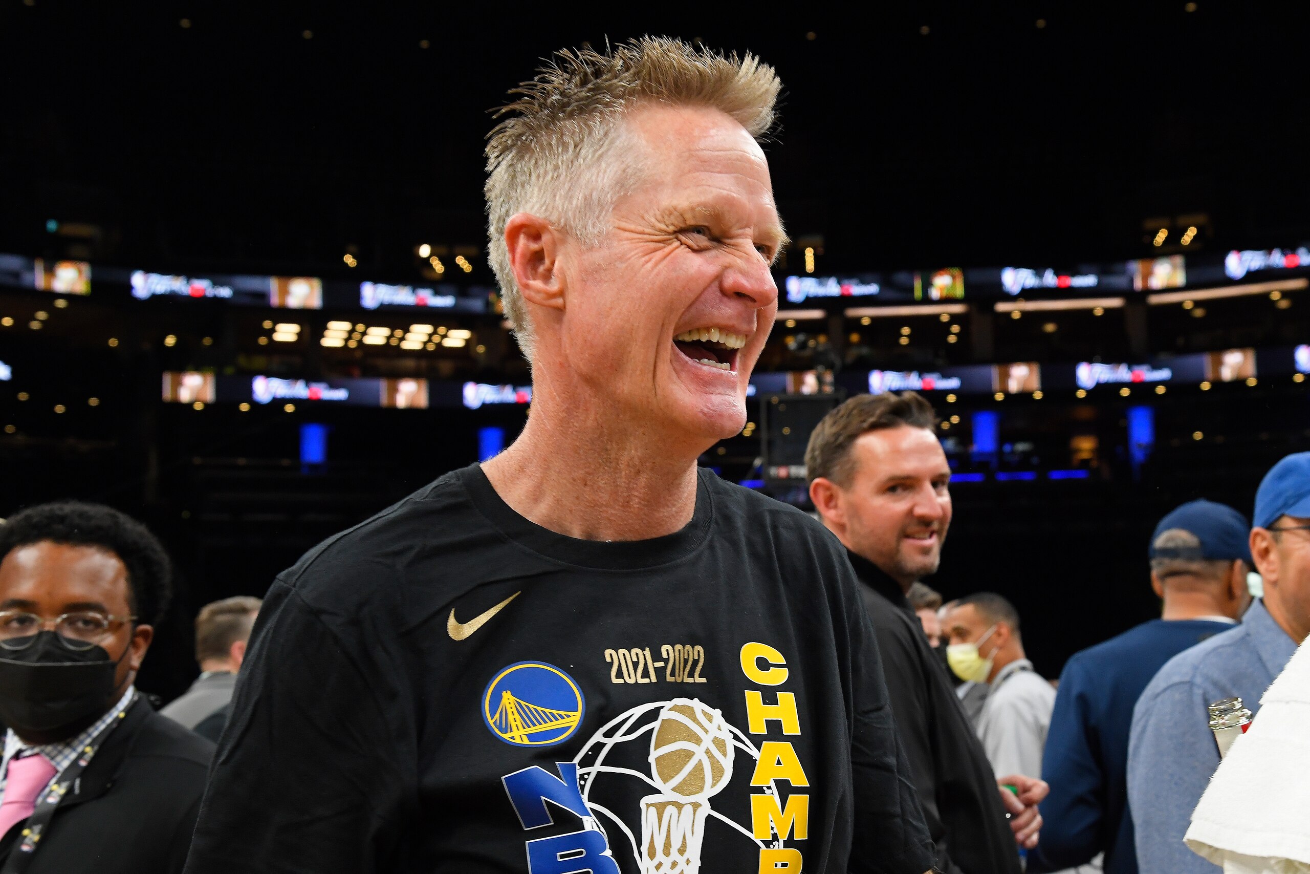 BOSTON, MA - JUNE 16: Head Coach Steve Kerr of the Golden State Warriors celebrates after Game Six of the 2022 NBA Finals on June 16, 2022 at TD Garden in Boston, Massachusetts. NOTE TO USER: User expressly acknowledges and agrees that, by downloading and or using this photograph, user is consenting to the terms and conditions of Getty Images License Agreement. Mandatory Copyright Notice: Copyright 2022 NBAE (Photo by Brian Babineau/NBAE via Getty Images)