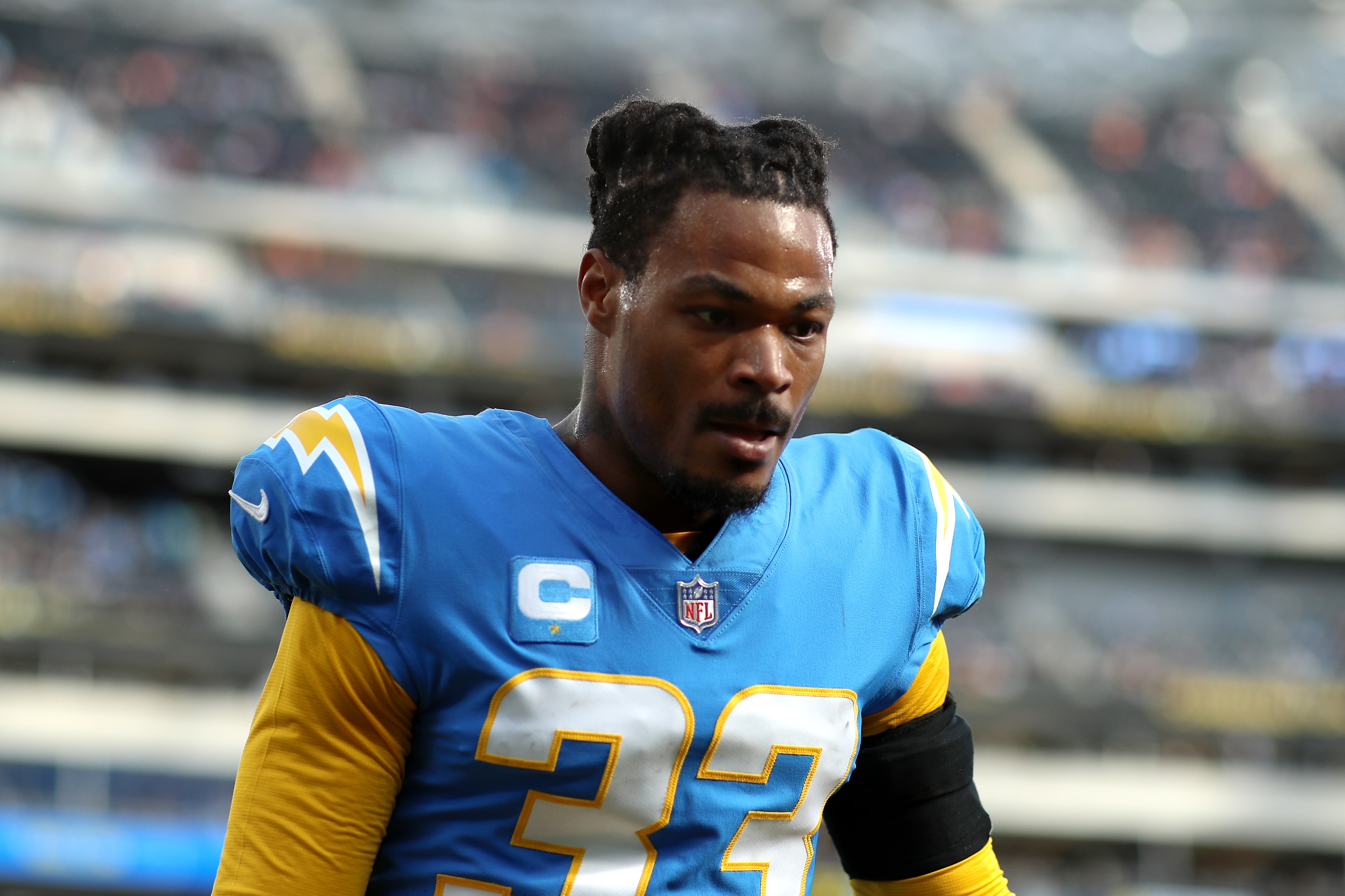 INGLEWOOD, CALIFORNIA - JANUARY 02: Derwin James #33 of the Los Angeles Chargers heads into the tunnel prior to the game against the Denver Broncos at SoFi Stadium on January 02, 2022 in Inglewood, California. (Photo by Katelyn Mulcahy/Getty Images)
