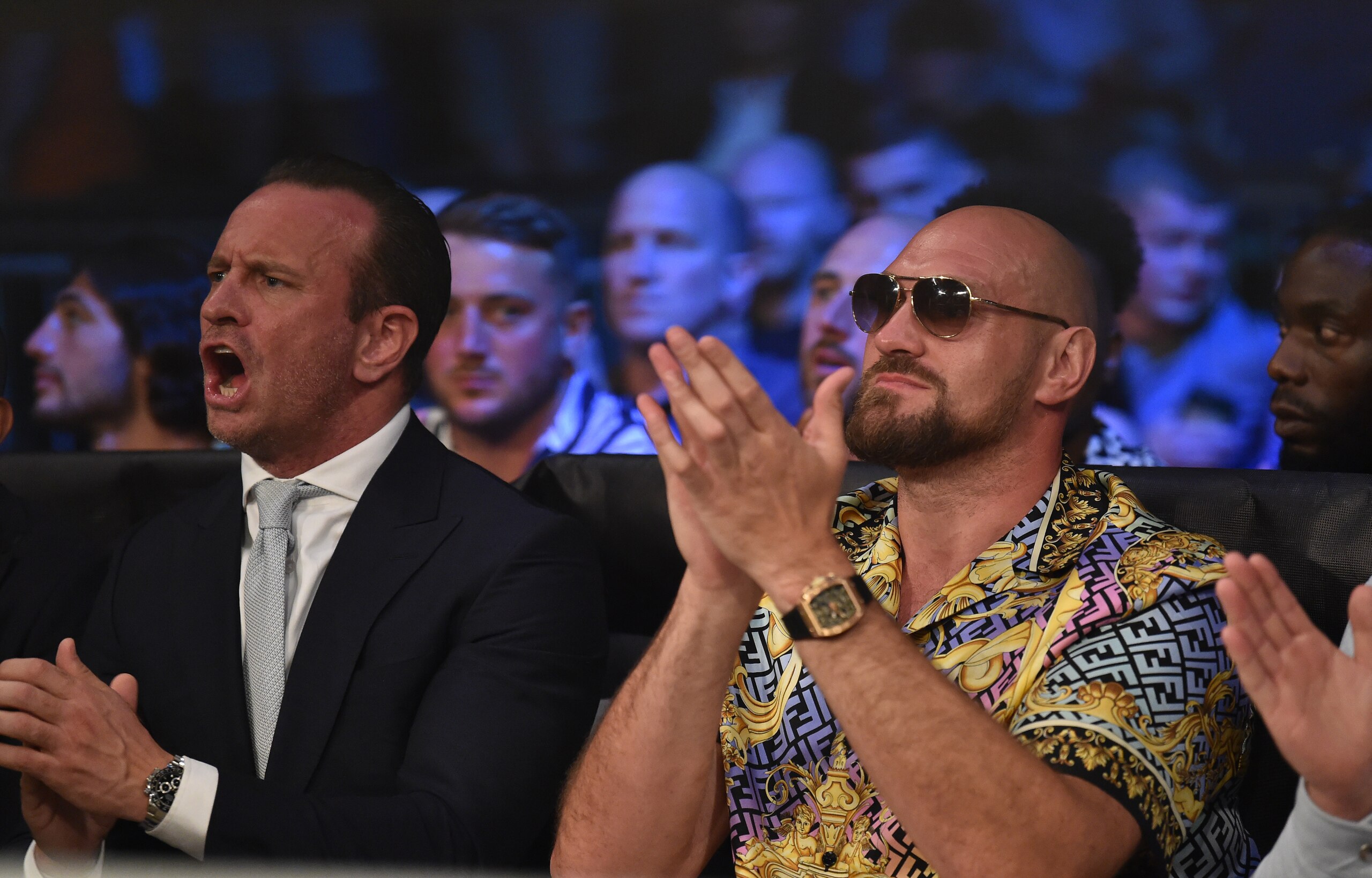 LIVERPOOL, ENGLAND - JUNE 17: Boxing promoter Kalle Sauerland watches on with Tyson Fury during the Vacant IBF International Heavyweight Championship fight between Nathan Gorman and Thomas Salek as part of the Wasserman fight night at M&S Bank Arena on June 17, 2022 in Liverpool, England. (Photo by Nathan Stirk/Getty Images)