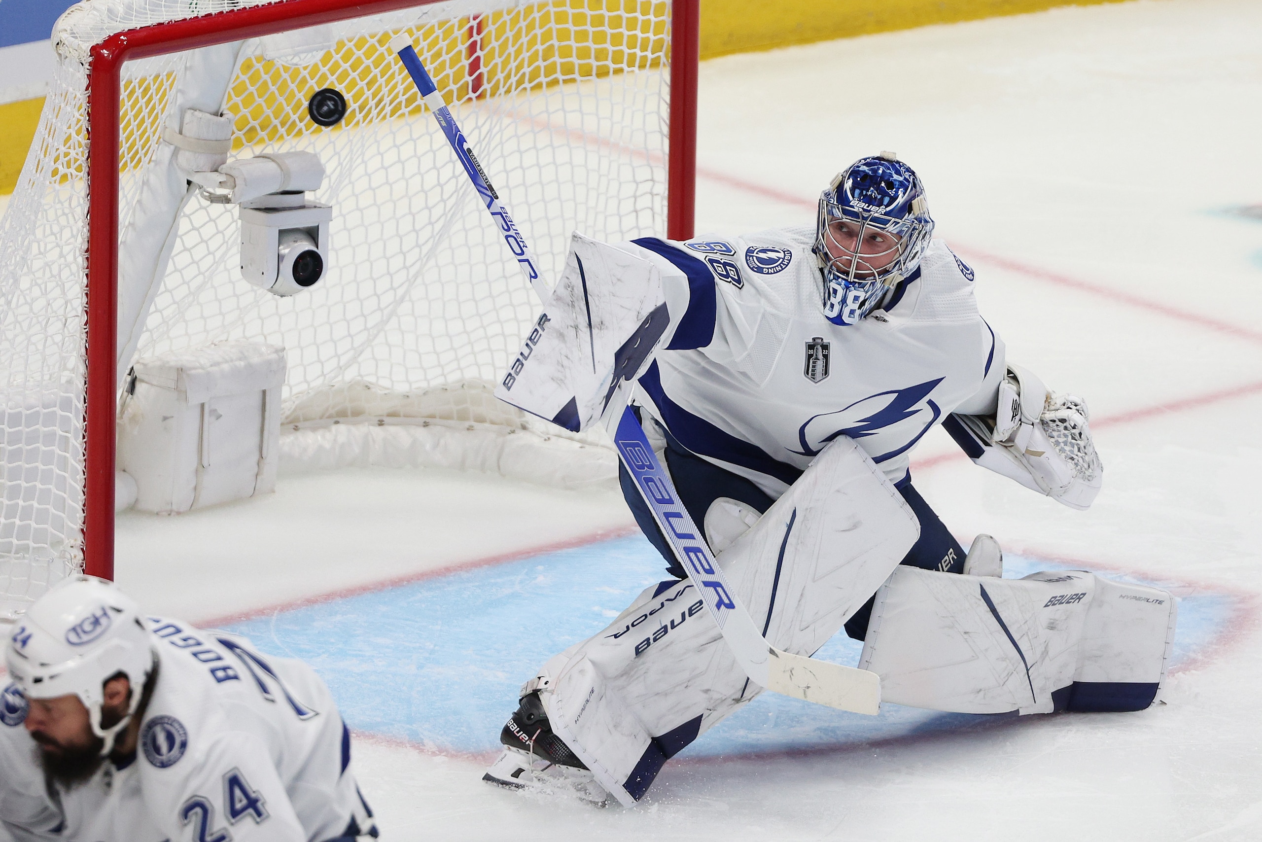 DENVER, COLORADO - JUNE 24: Andrei Vasilevskiy #88 of the Tampa Bay Lightning watches the puck during the second period in Game Five of the 2022 NHL Stanley Cup Final against the Colorado Avalanche at Ball Arena on June 24, 2022 in Denver, Colorado. (Photo by Harry How/Getty Images)
