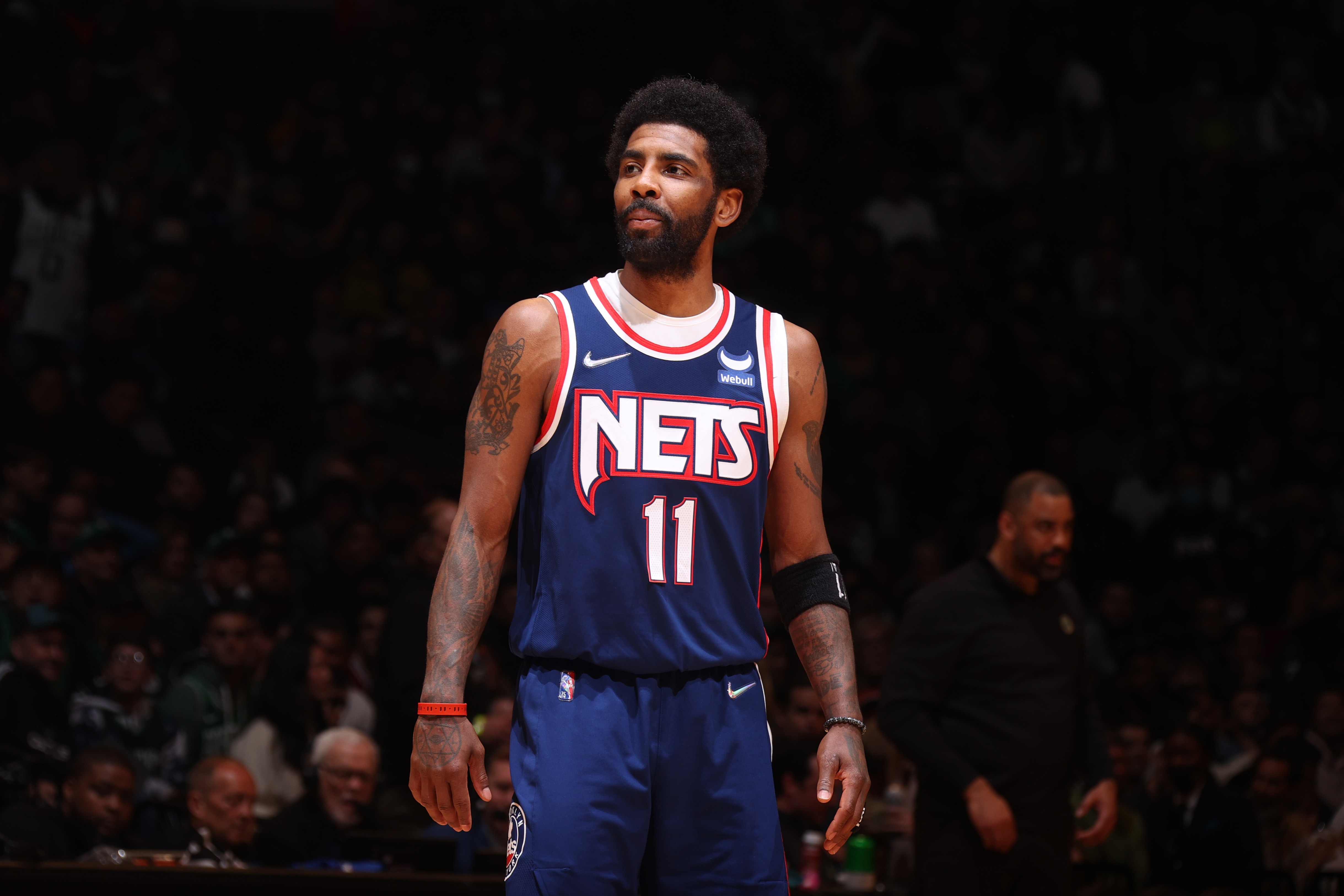 BROOKLYN, NY - APRIL 25: Kyrie Irving #11 of the Brooklyn Nets smiles during Round 1 Game 4 of the 2022 NBA Playoffs on April 25, 2022 at Barclays Center in Brooklyn, New York. NOTE TO USER: User expressly acknowledges and agrees that, by downloading and or using this Photograph, user is consenting to the terms and conditions of the Getty Images License Agreement. Mandatory Copyright Notice: Copyright 2022 NBAE (Photo by Nathaniel S. Butler/NBAE via Getty Images)
