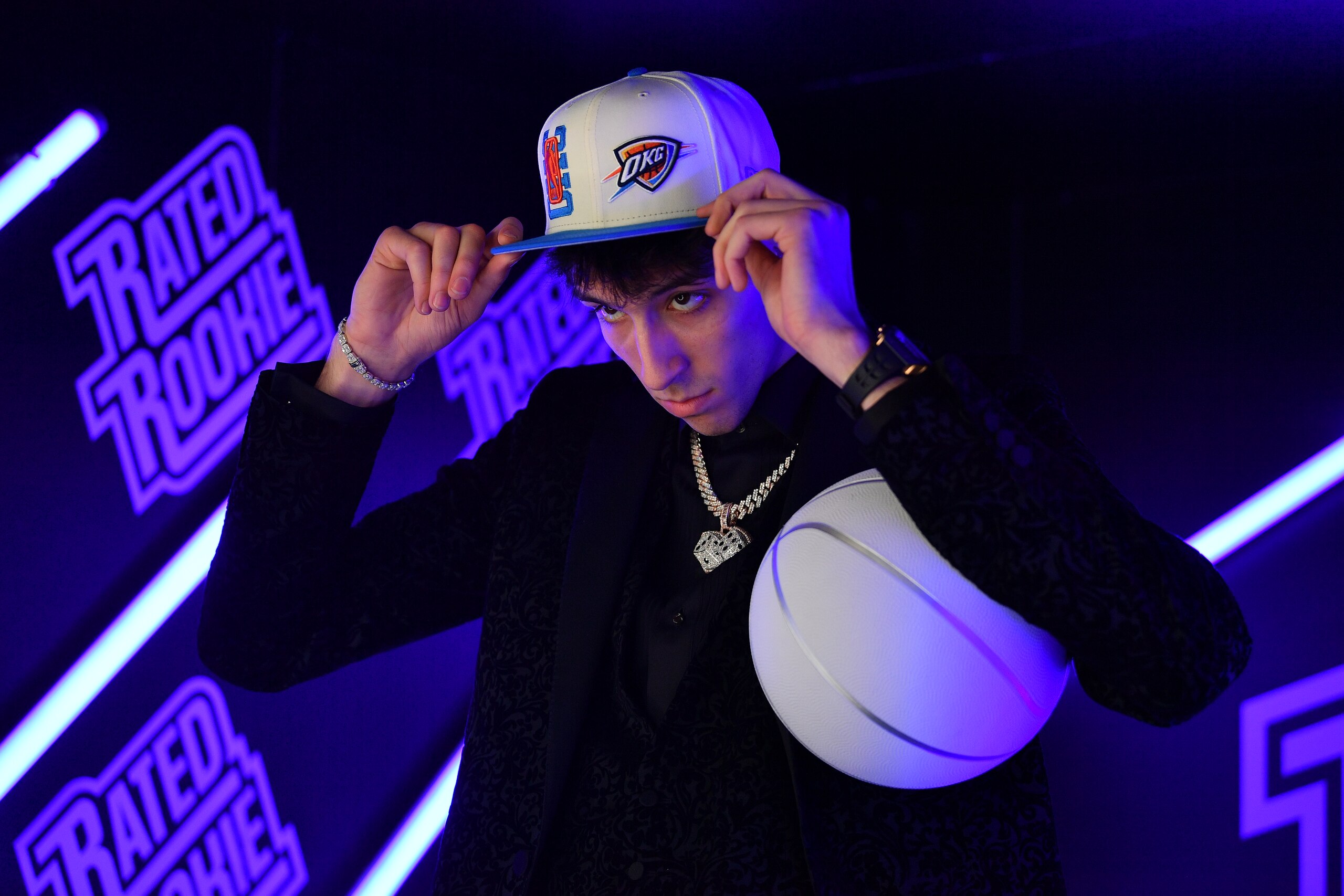BROOKLYN, NY - JUNE 23: Chet Holmgren poses for a photo after being selected by the Oklahoma City Thunder during the 2022 NBA Draft on June 23, 2022 at Barclays Center in Brooklyn, New York. NOTE TO USER: User expressly acknowledges and agrees that, by downloading and or using this photograph, User is consenting to the terms and conditions of the Getty Images License Agreement. Mandatory Copyright Notice: Copyright 2022 NBAE (Photo by Catalina Fragoso/NBAE via Getty Images)