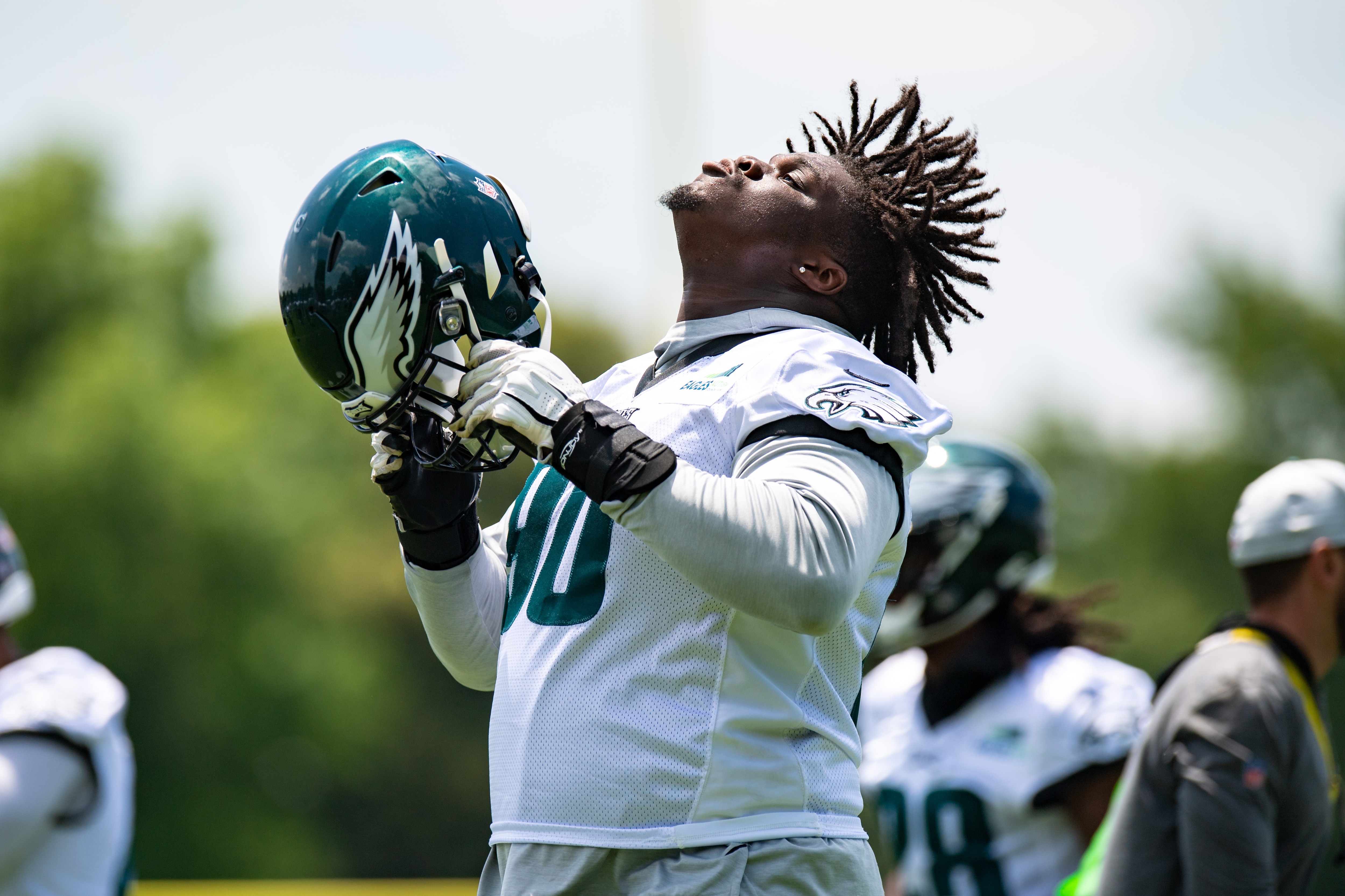 PHILADELPHIA, PA - JUNE 08: Philadelphia Eagles defensive lineman Jordan Davis (90)  during OTA offseason workouts on June 8, 2022 at Novacare Complex in Philadelphia, PA (Photo by John Jones/Icon Sportswire via Getty Images)