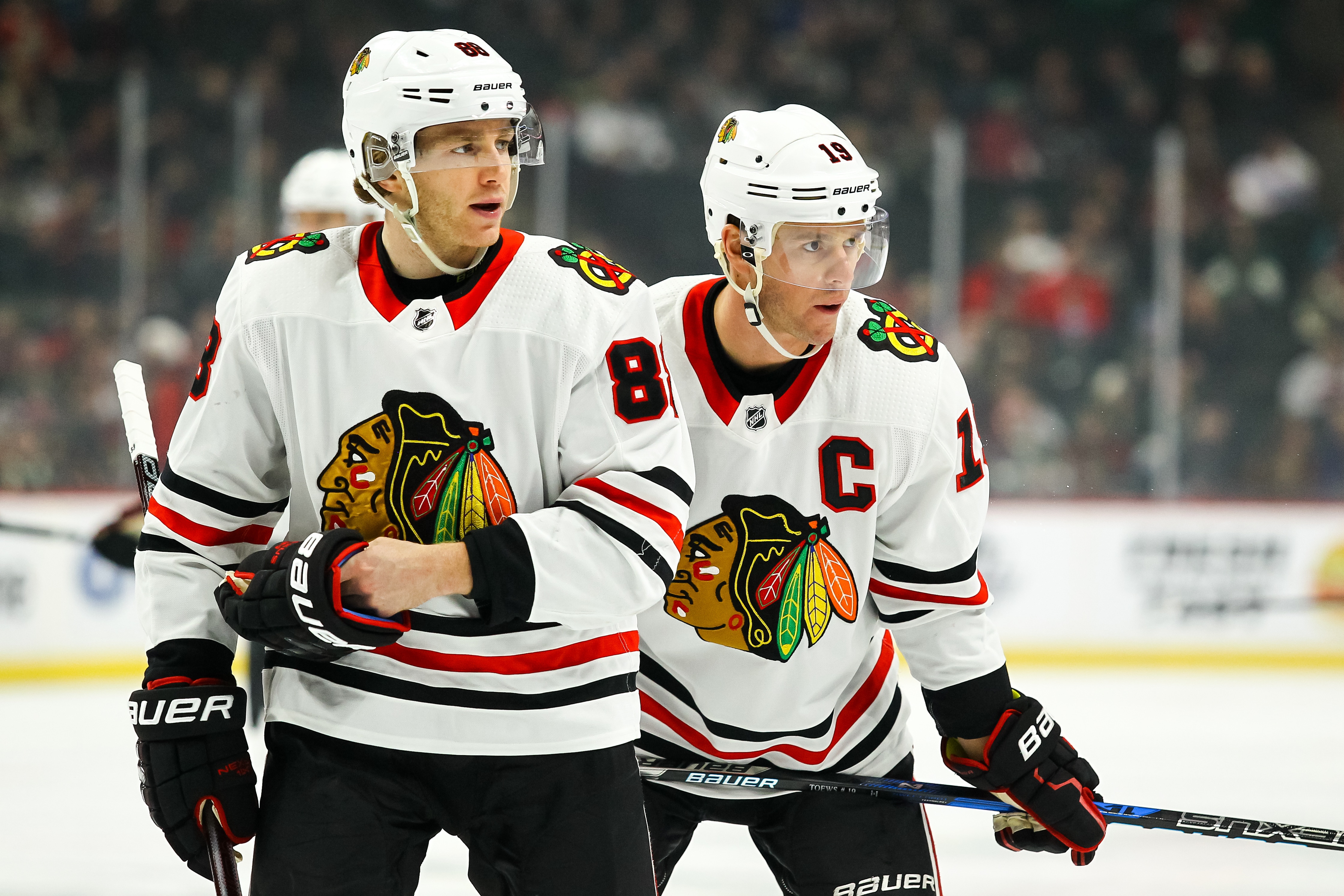ST. PAUL, MN - FEBRUARY 10: Chicago Blackhawks right wing Patrick Kane (88), left, and center Jonathan Toews (19) before the faceoff in the 1st period during the Central Division game between the Chicago Blackhawks and the Minnesota Wild on February 10, 2018 at Xcel Energy Center in St. Paul, Minnesota. (Photo by David Berding/Icon Sportswire via Getty Images)