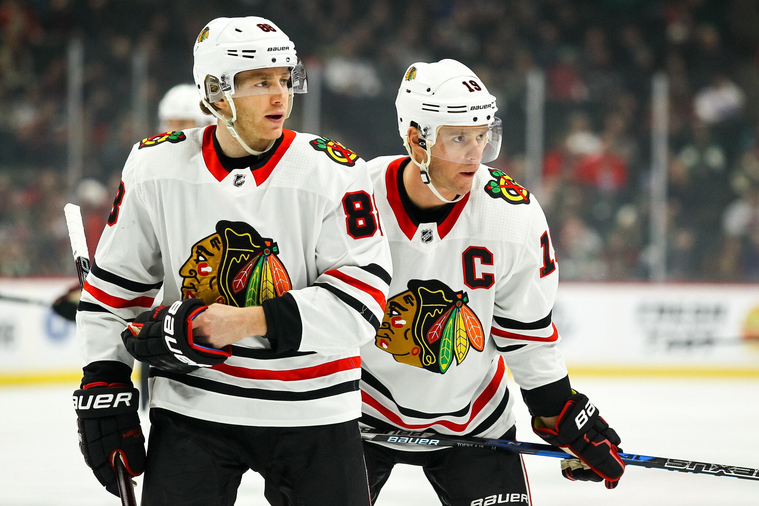 ST. PAUL, MN - FEBRUARY 10: Chicago Blackhawks right wing Patrick Kane (88), left, and center Jonathan Toews (19) before the faceoff in the 1st period during the Central Division game between the Chicago Blackhawks and the Minnesota Wild on February 10, 2018 at Xcel Energy Center in St. Paul, Minnesota. (Photo by David Berding/Icon Sportswire via Getty Images)