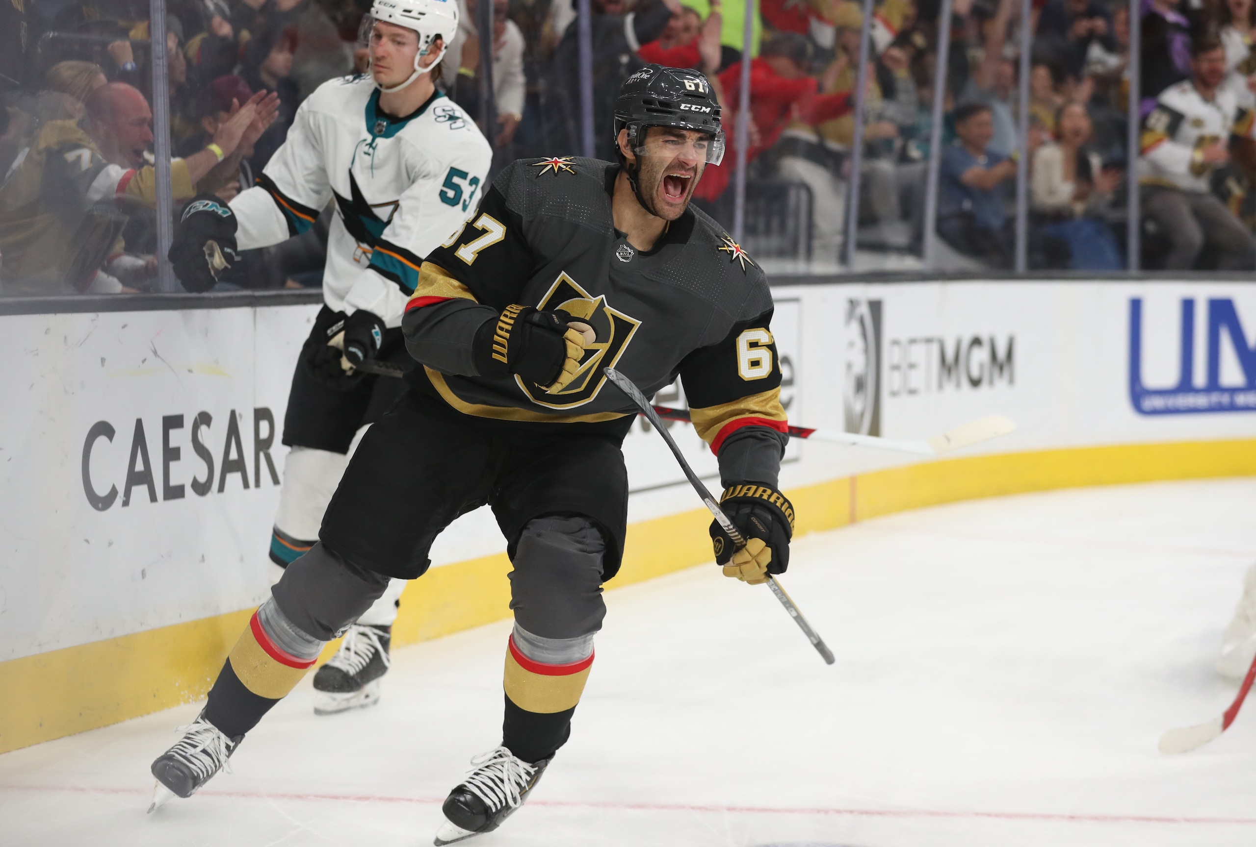 LAS VEGAS, NEVADA - APRIL 24: Max Pacioretty #67 of the Vegas Golden Knights celebrates after scoring a goal during the second period of a game against the San Jose Sharks at T-Mobile Arena on April 24, 2022 in Las Vegas, Nevada. (Photo by Zak Krill/NHLI via Getty Images)