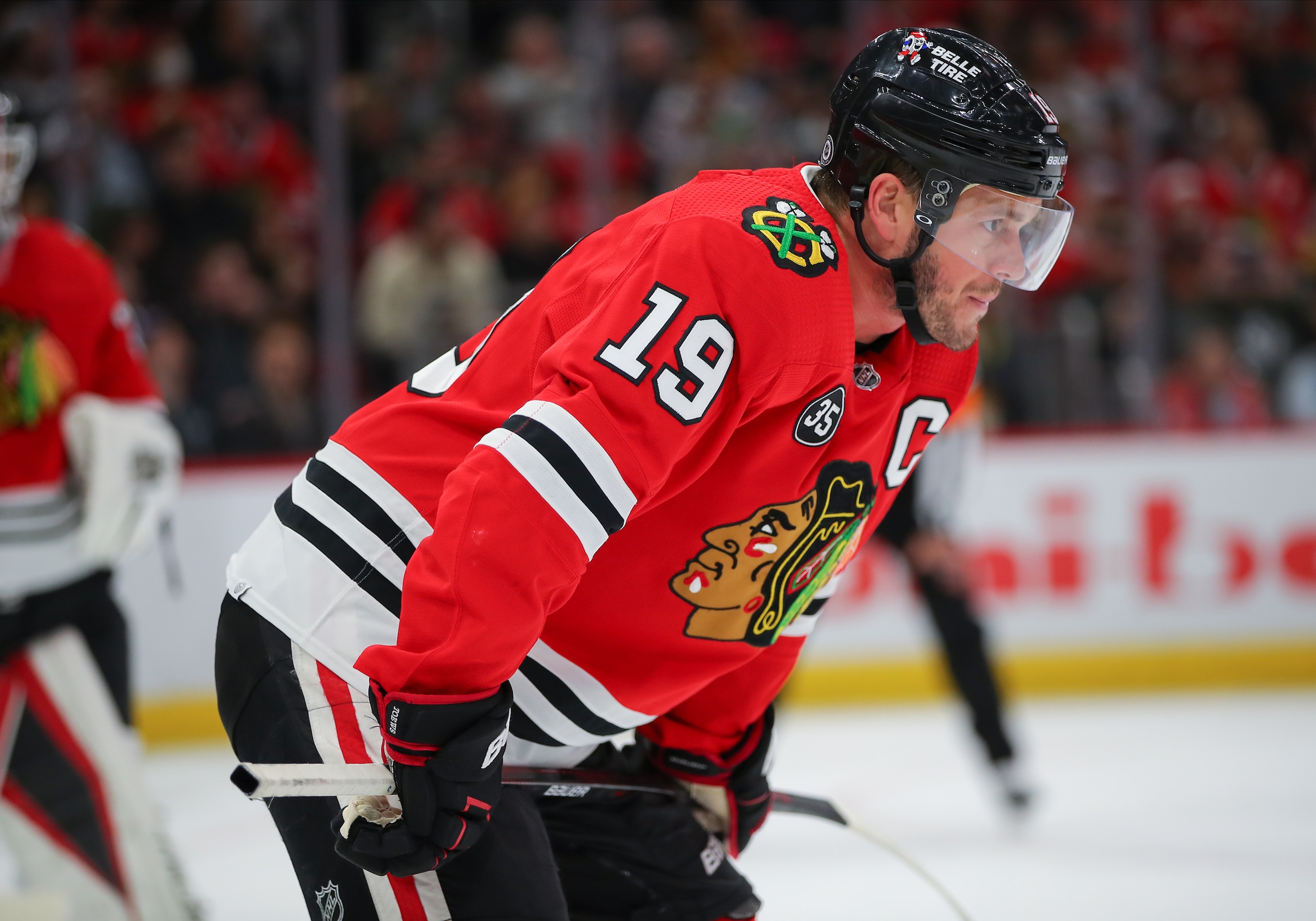 CHICAGO, IL - APRIL 27: Chicago Blackhawks center Jonathan Toews (19) looks on during a game between the Vegas Golden Knights and the Chicago Blackhawks on April 27, 2022 at the United Center in Chicago, IL. (Photo by Melissa Tamez/Icon Sportswire via Getty Images)