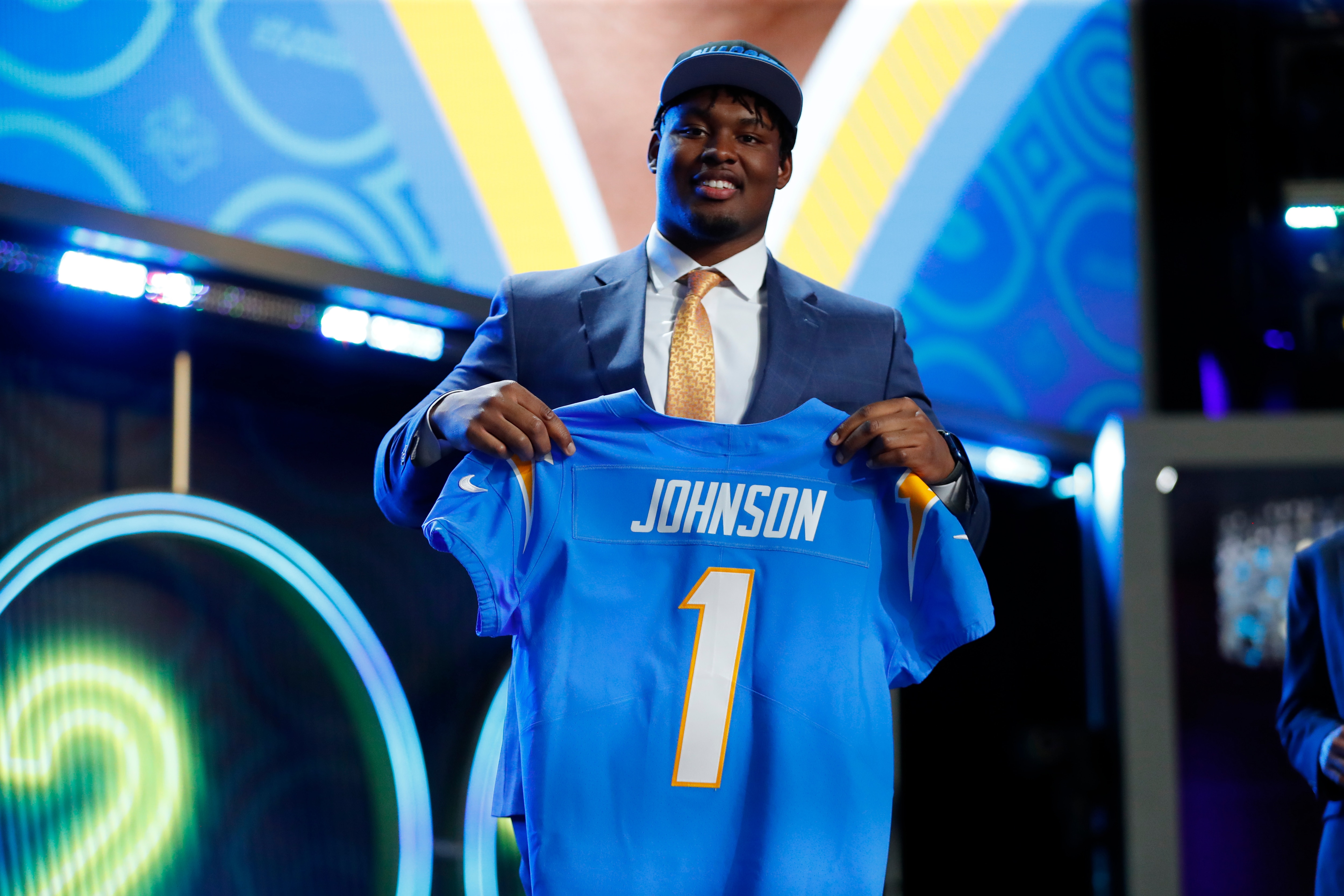 LAS VEGAS, NV - APRIL 28: Zion Johnson, Boston College, is selected as the number 17 pick by the Los Angeles Chargers during the NFL Draft on April 28, 2022 in Las Vegas, Nevada. (Photo by Jeff Speer/Icon Sportswire via Getty Images)