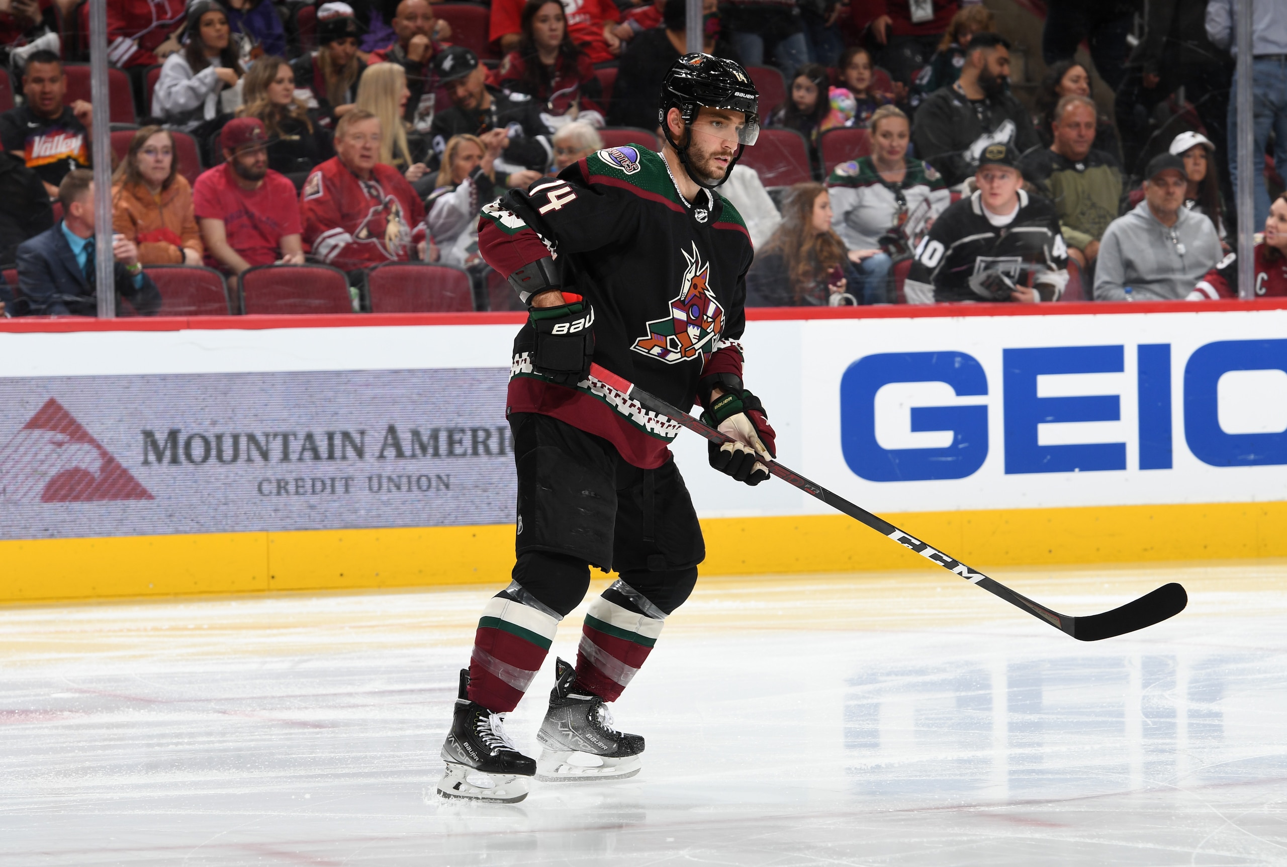 GLENDALE, ARIZONA - APRIL 29: Shayne Gostisbehere #14 of the Arizona Coyotes skates up ice against the Nashville Predators at Gila River Arena on April 29, 2022 in Glendale, Arizona. (Photo by Norm Hall/NHLI via Getty Images)