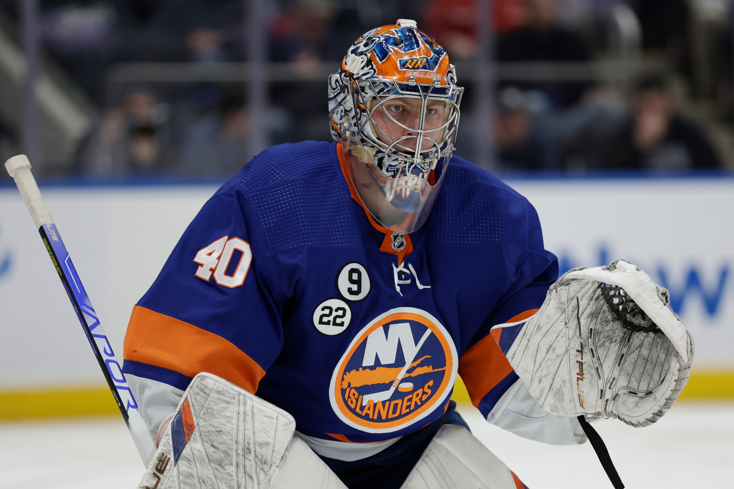 ELMONT, NEW YORK - APRIL 28: Semyon Varlamov #40 of the New York Islanders defends against the Washington Capitals during the second period at UBS Arena on April 28, 2022 in Elmont, New York. (Photo by Adam Hunger/NHLI via Getty Images)