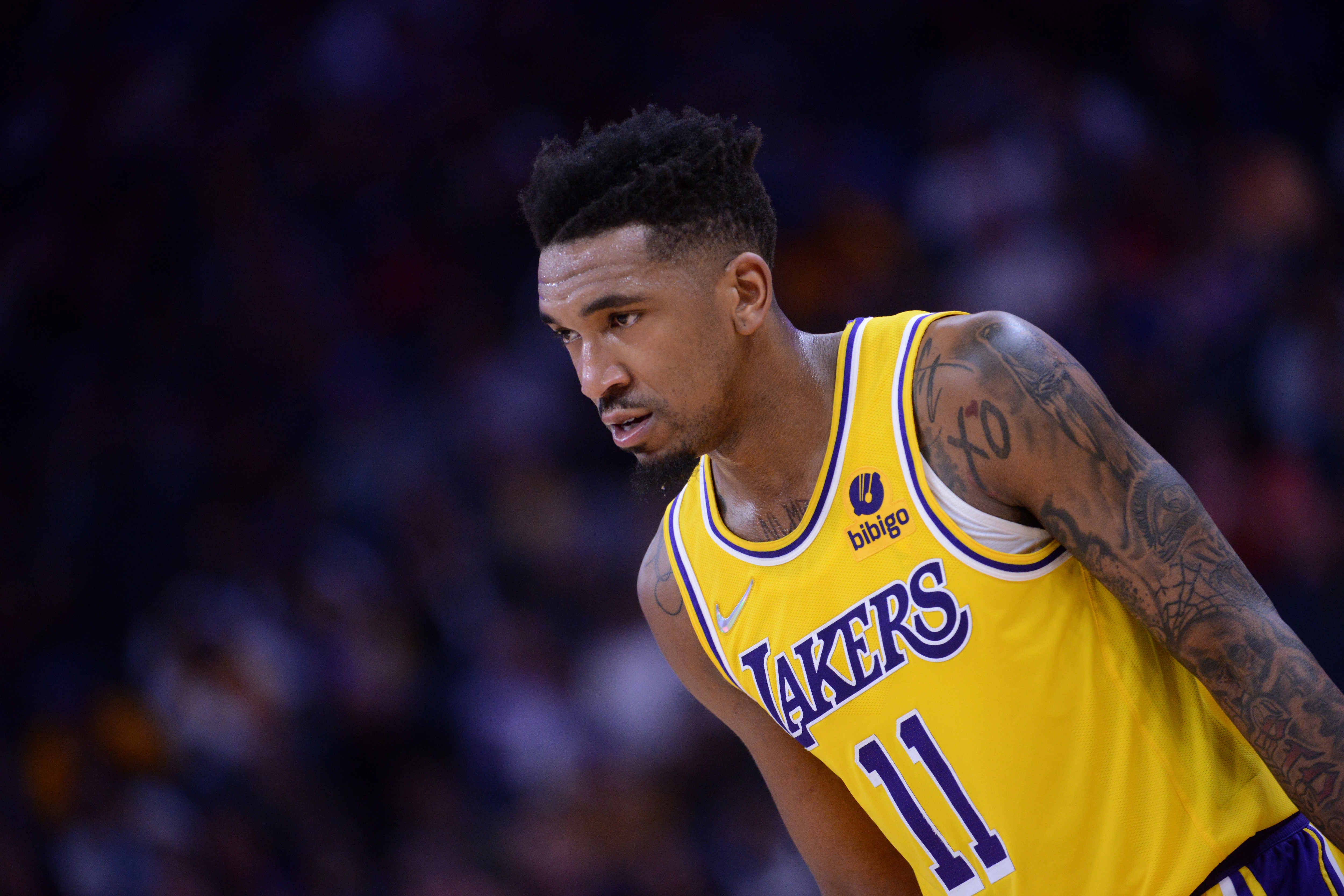 SAN FRANCISCO, CA - APRIL 7: Malik Monk #11 of the Los Angeles Lakers looks on during the game against the Golden State Warriors on April 7, 2022 at Chase Center in San Francisco, California. NOTE TO USER: User expressly acknowledges and agrees that, by downloading and or using this photograph, user is consenting to the terms and conditions of Getty Images License Agreement. Mandatory Copyright Notice: Copyright 2022 NBAE (Photo by Noah Graham/NBAE via Getty Images)