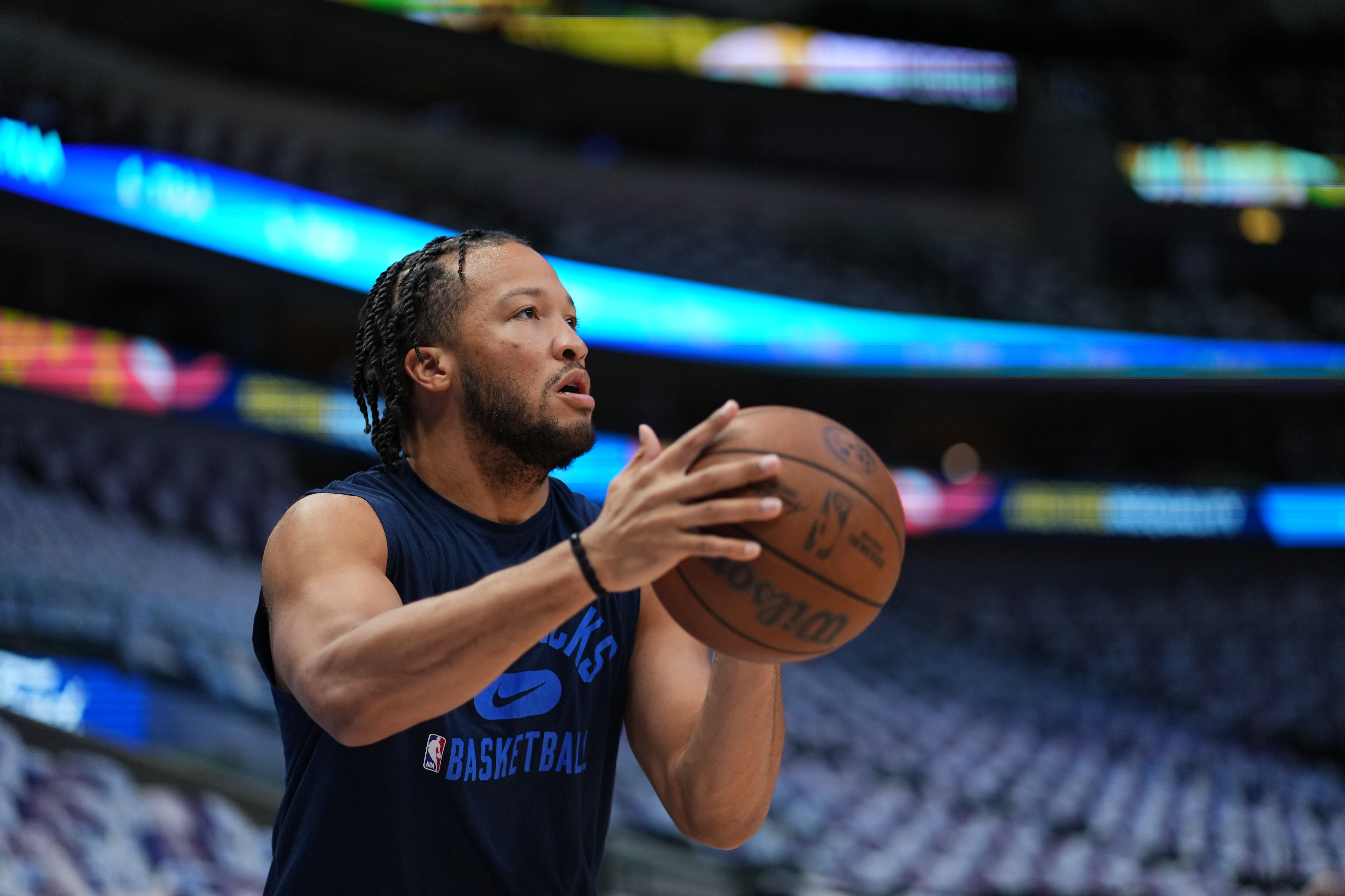 DALLAS, TX - MAY 24: Jalen Brunson #13 of the Dallas Mavericks warms up before the game against the Golden State Warriors during Game 4 of the 2022 NBA Playoffs Western Conference Finals on May 24, 2022 at the American Airlines Center in Dallas, Texas. NOTE TO USER: User expressly acknowledges and agrees that, by downloading and or using this photograph, User is consenting to the terms and conditions of the Getty Images License Agreement. Mandatory Copyright Notice: Copyright 2022 NBAE (Photo by Cooper Neill/NBAE via Getty Images)