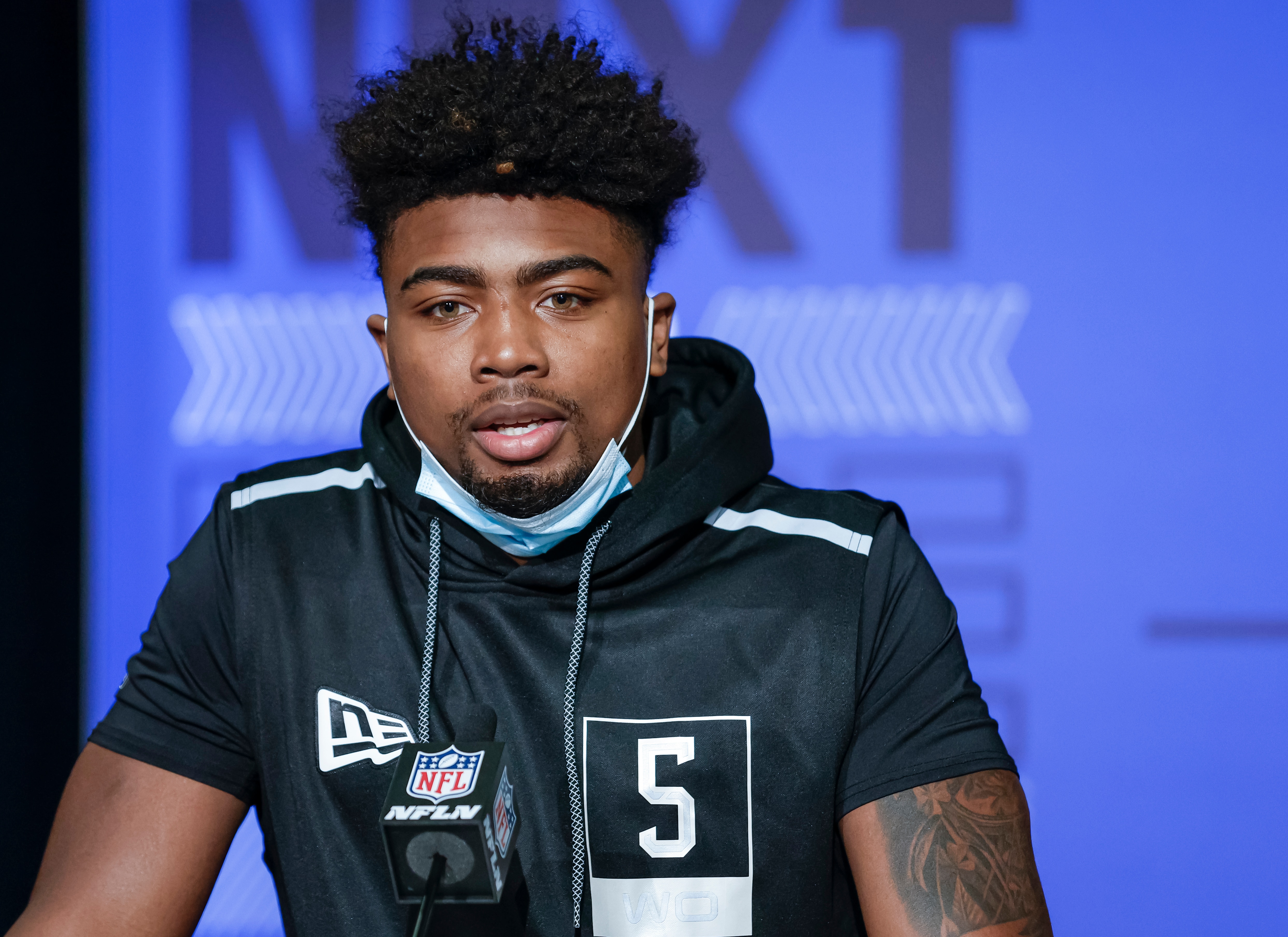 INDIANAPOLIS, IN - MAR 02: Treylon Burks #WO05 of the Arkansas Razorbacks speaks to reporters during the NFL Draft Combine at the Indiana Convention Center on March 2, 2022 in Indianapolis, Indiana. (Photo by Michael Hickey/Getty Images)