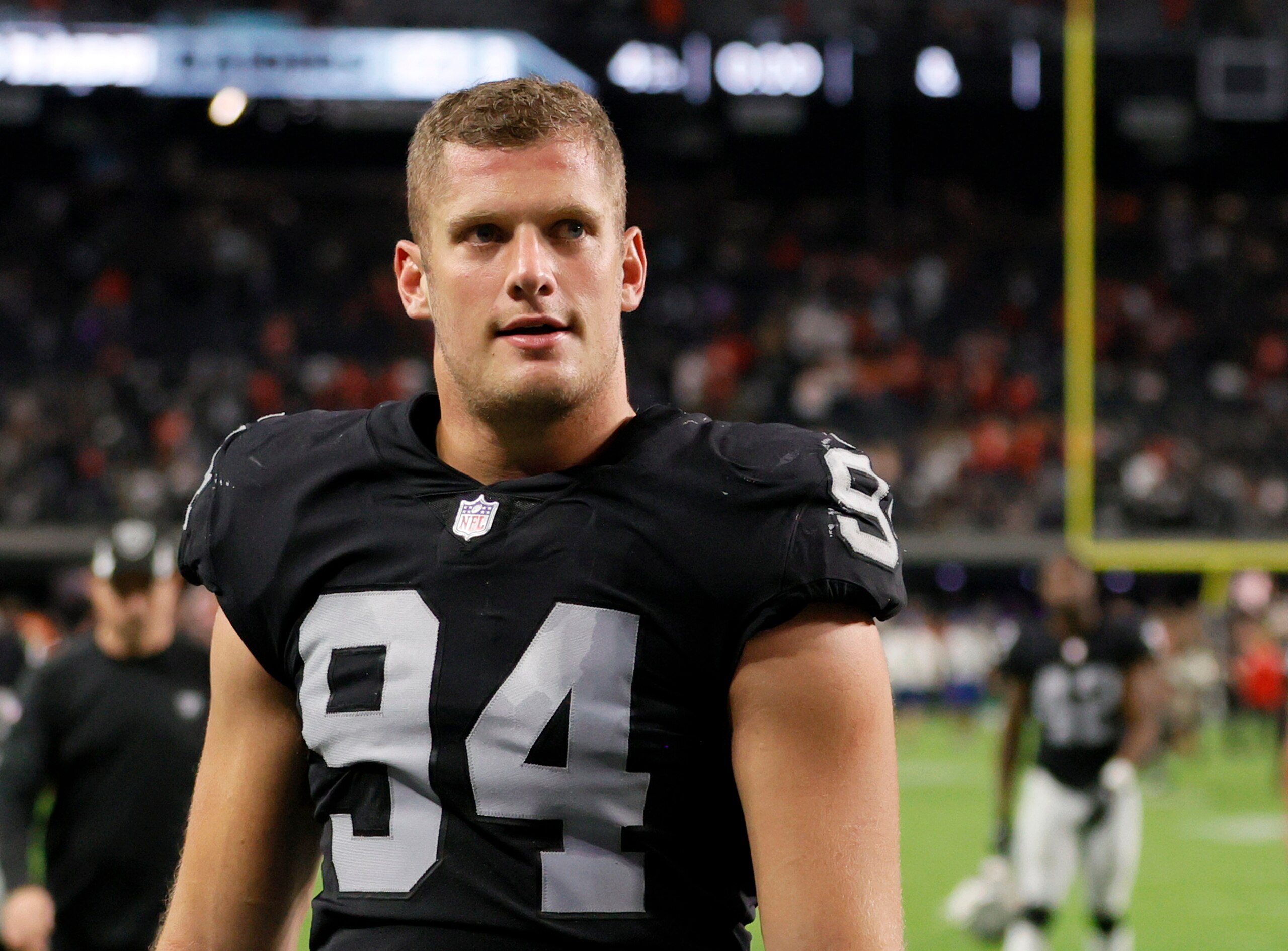 LAS VEGAS, NEVADA - NOVEMBER 14:  Defensive end Carl Nassib #94 of the Las Vegas Raiders walks off the field the team's 41-14 loss to the Kansas City Chiefs at Allegiant Stadium on November 14, 2021 in Las Vegas, Nevada.  (Photo by Ethan Miller/Getty Images)