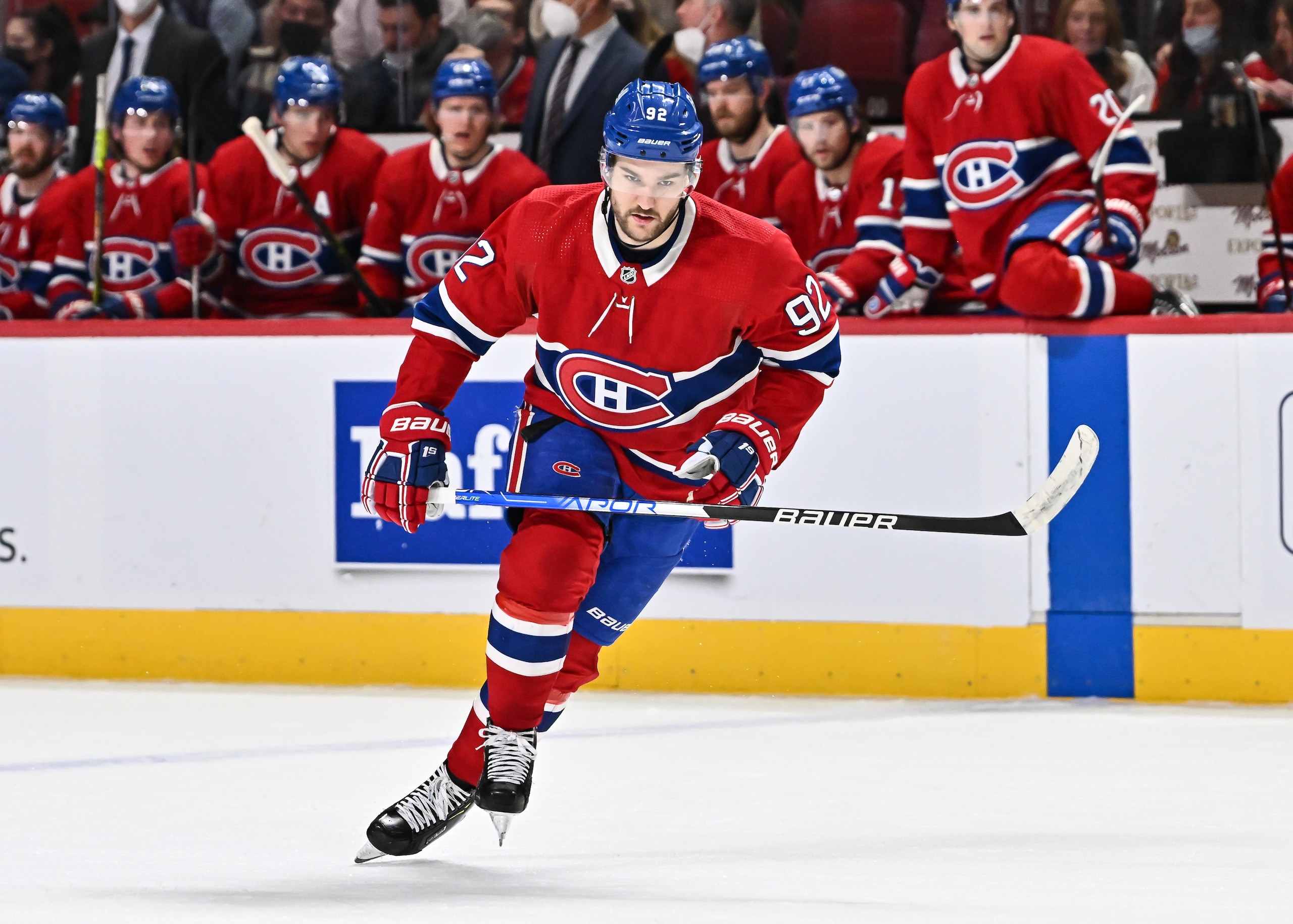 MONTREAL, QC - MARCH 21:  Jonathan Drouin #92 of the Montreal Canadiens skates against the Boston Bruins during the first period at Centre Bell on March 21, 2022 in Montreal, Canada.  The Boston Bruins defeated the Montreal Canadiens 3-2 in overtime.  (Photo by Minas Panagiotakis/Getty Images)