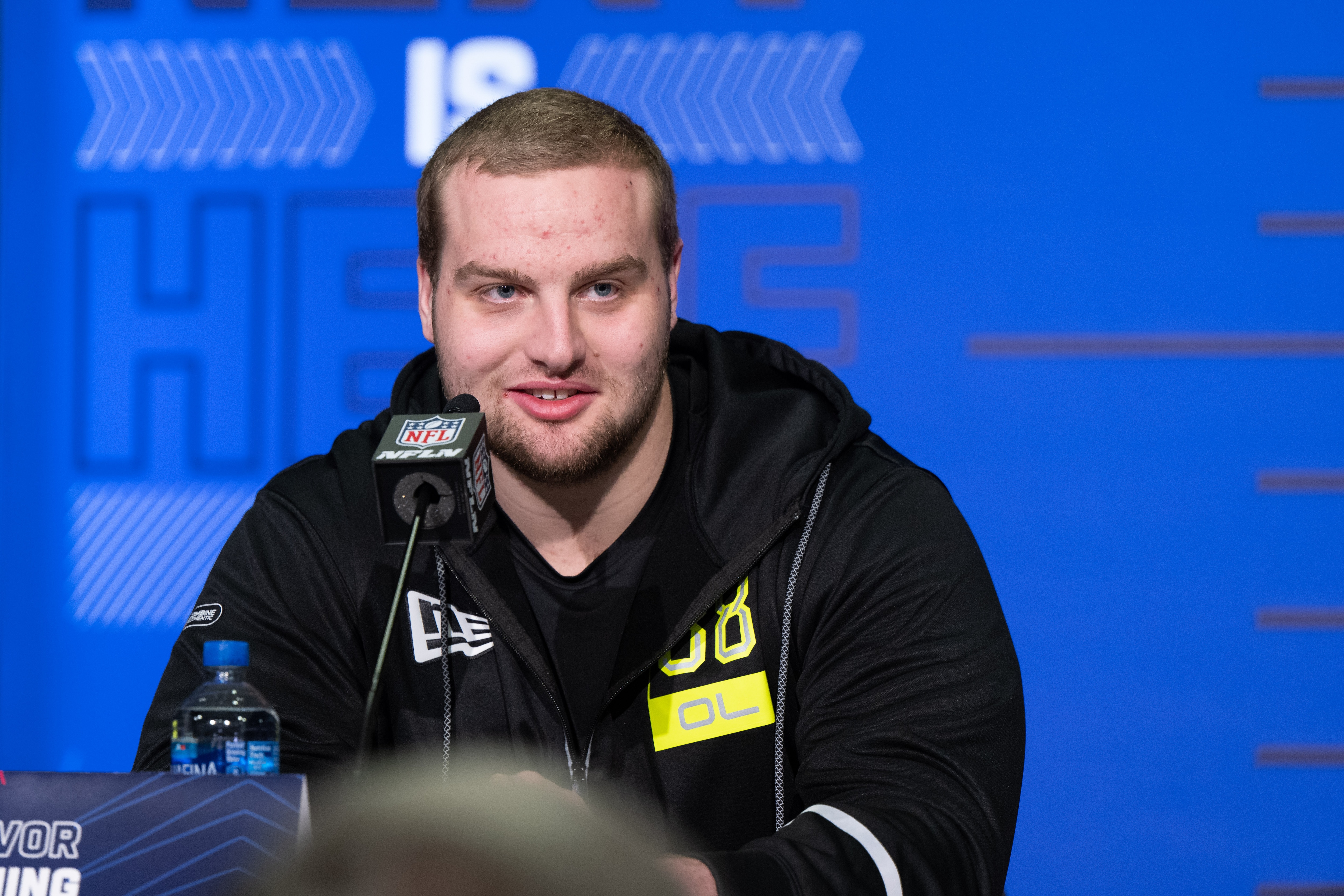INDIANAPOLIS, IN - MARCH 03: Northern Iowa offensive lineman Trevor Penning answers questions from the media during the NFL Scouting Combine on March 3, 2022, at the Indiana Convention Center in Indianapolis, IN. (Photo by Zach Bolinger/Icon Sportswire via Getty Images)
