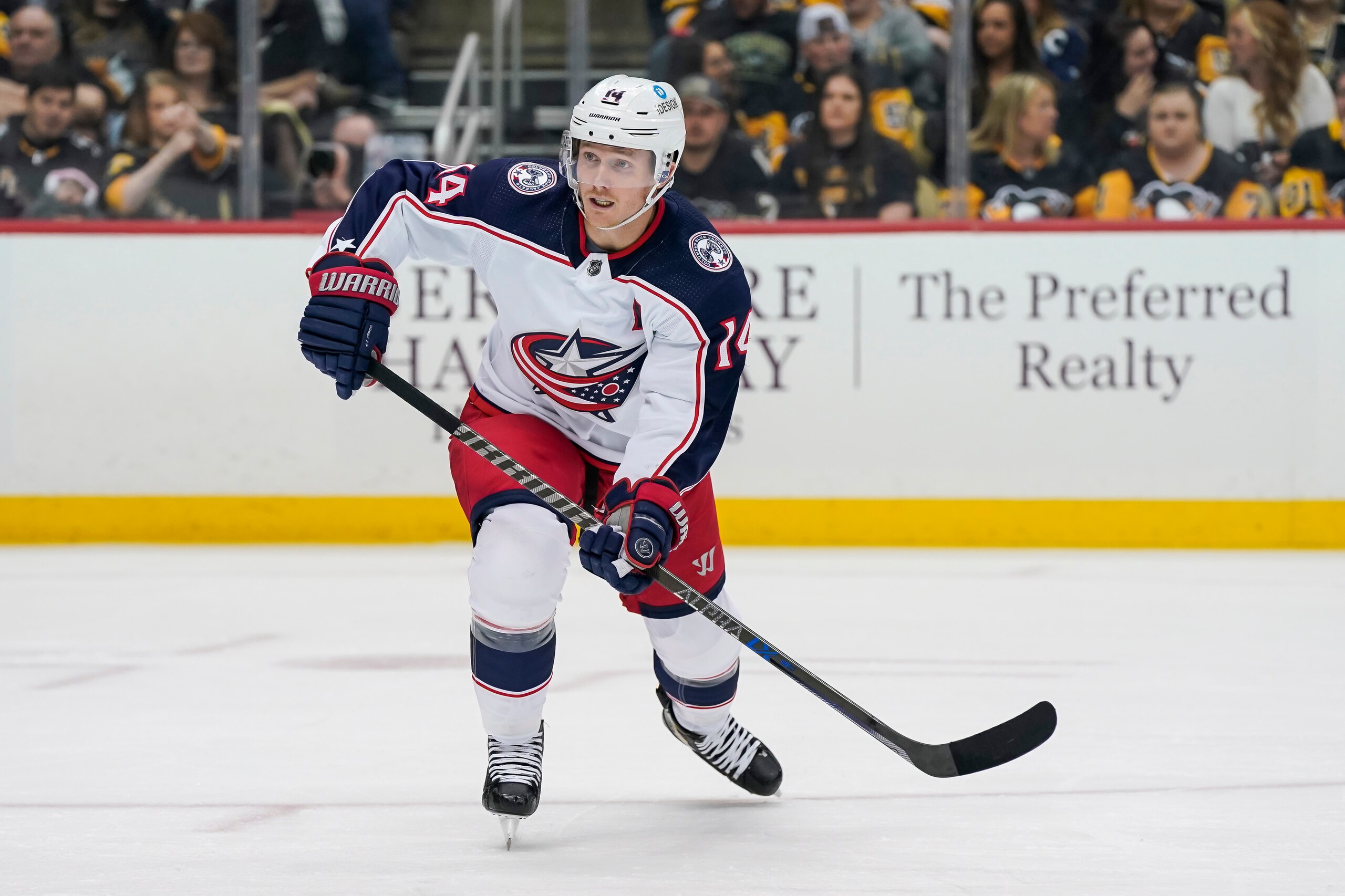 PITTSBURGH, PA - APRIL 29: Columbus Blue Jackets Left Wing Gustav Nyquist (14) skates during the second period in the NHL game between the Pittsburgh Penguins and the Columbus Blue Jackets on April 29, 2022, at PPG Paints Arena in Pittsburgh, PA. (Photo by Jeanine Leech/Icon Sportswire via Getty Images)
