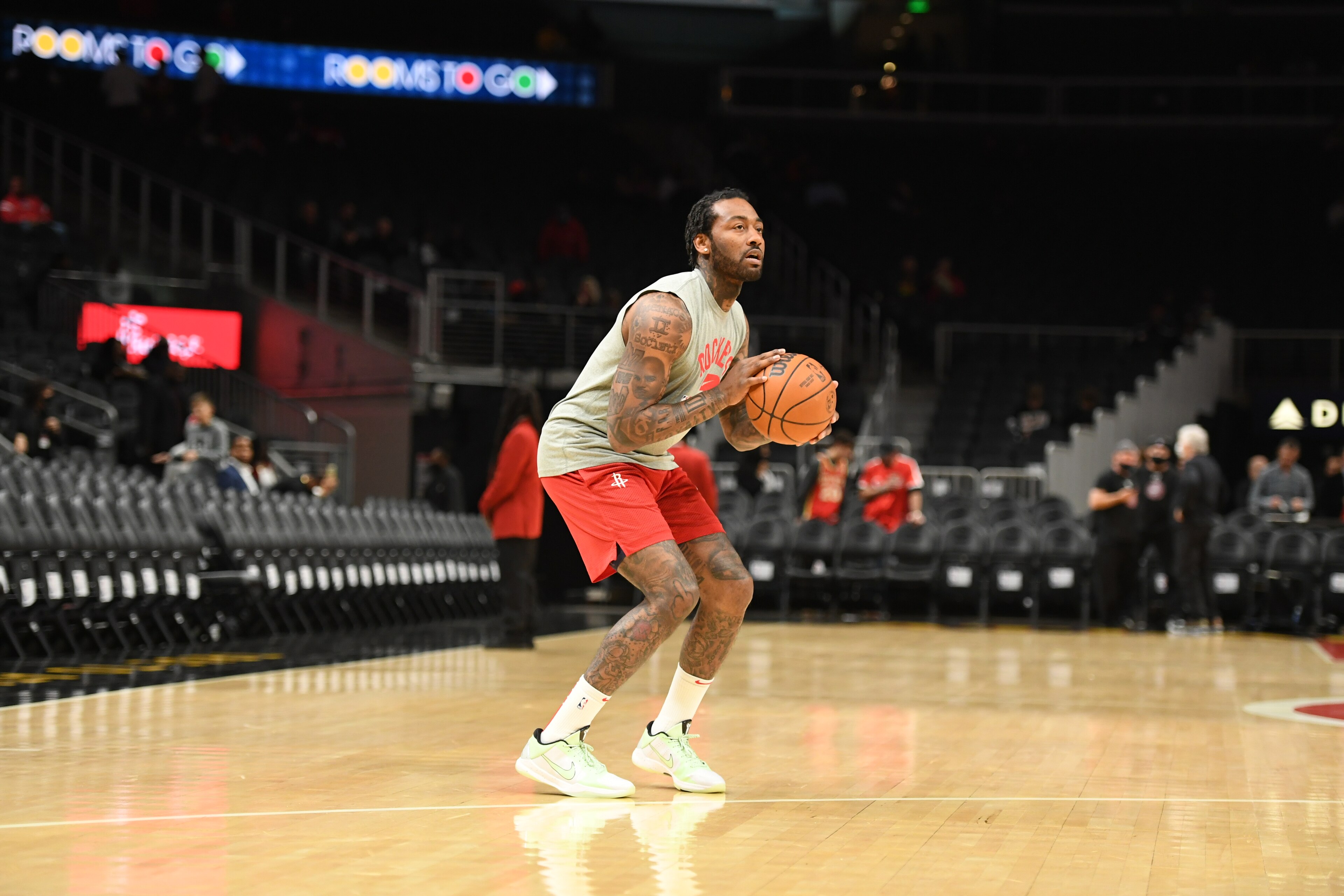 ATLANTA, GA - DECEMBER 13: John Wall #1 of the Houston Rockets warms up before the game against the Atlanta Hawks on December 13, 2021 at State Farm Arena in Atlanta, Georgia. NOTE TO USER: User expressly acknowledges and agrees that, by downloading and/or using this Photograph, user is consenting to the terms and conditions of the Getty Images License Agreement. Mandatory Copyright Notice: Copyright 2021 NBAE (Photo by Adam Hagy/NBAE via Getty Images) ATLANTA, GA - DECEMBER 13: John Wall #1 of the Houston Rockets warms up before the game against the Atlanta Hawks on December 13, 2021 at State Farm Arena in Atlanta, Georgia. NOTE TO USER: User expressly acknowledges and agrees that, by downloading and/or using this Photograph, user is consenting to the terms and conditions of the Getty Images License Agreement. Mandatory Copyright Notice: Copyright 2021 NBAE (Photo by Adam Hagy/NBAE via Getty Images)