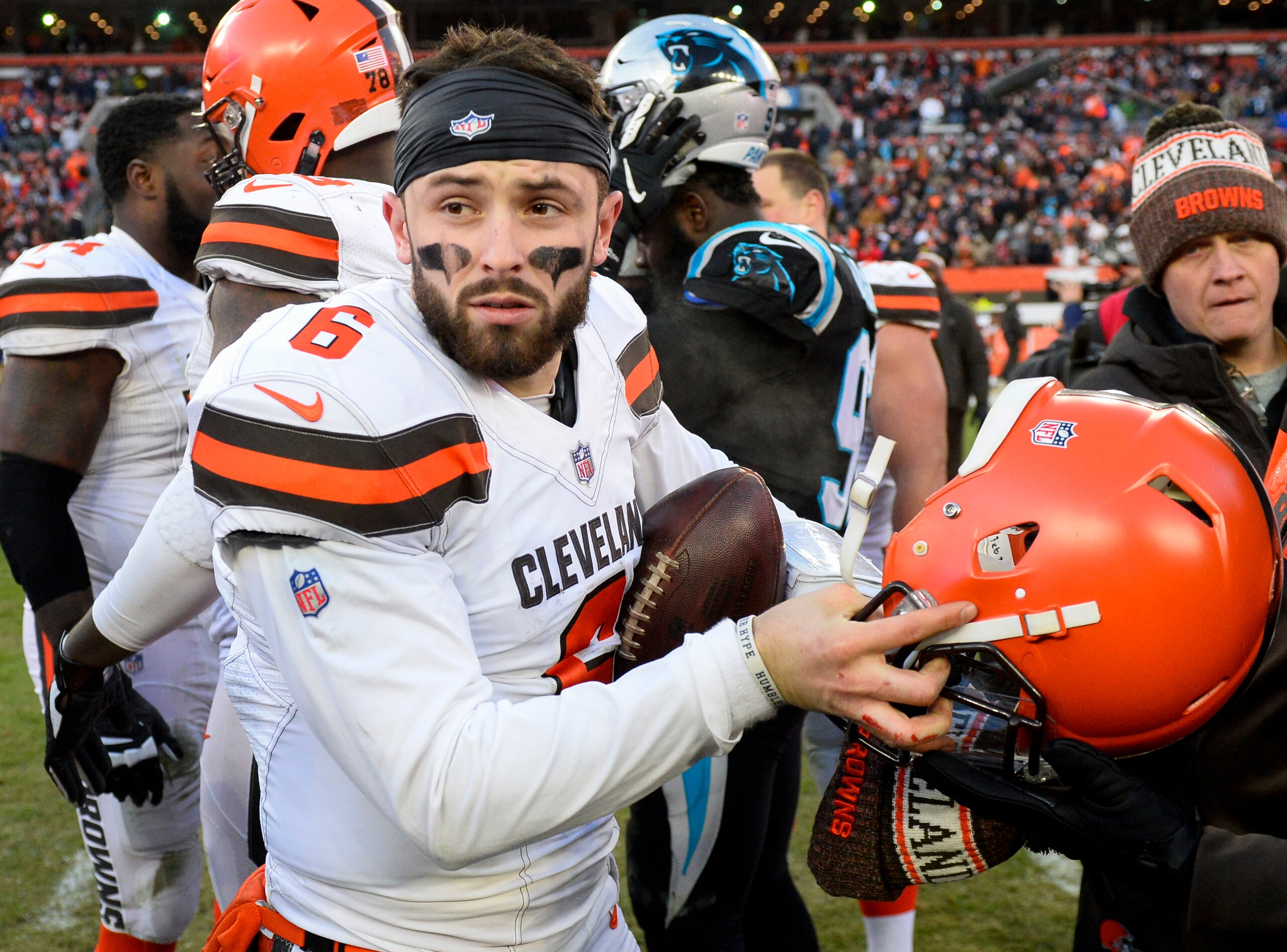 CLEVELAND, OH - DECEMBER 9, 2018: Quarterback Baker Mayfield #6 of the Cleveland Browns on the field after a game against the Carolina Panthers on December 9, 2018 at FirstEnergy Stadium in Cleveland, Ohio. Cleveland won 26-20. (Photo by: 2018 Nick Cammett/Diamond Images/Getty Images)  