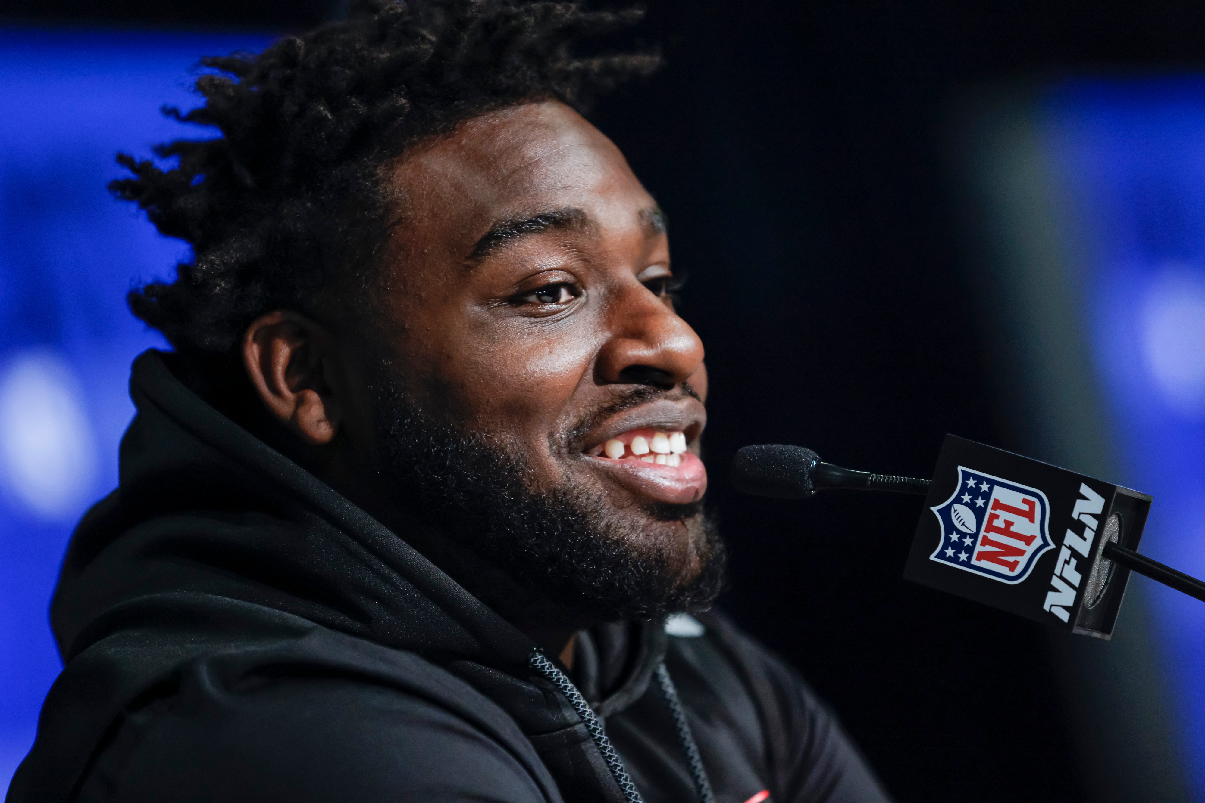 INDIANAPOLIS, IN - MAR 04: Devonte Wyatt #DL24 of the Georgia Bulldogs speaks to reporters during the NFL Draft Combine at the Indiana Convention Center on March 4, 2022 in Indianapolis, Indiana. (Photo by Michael Hickey/Getty Images)