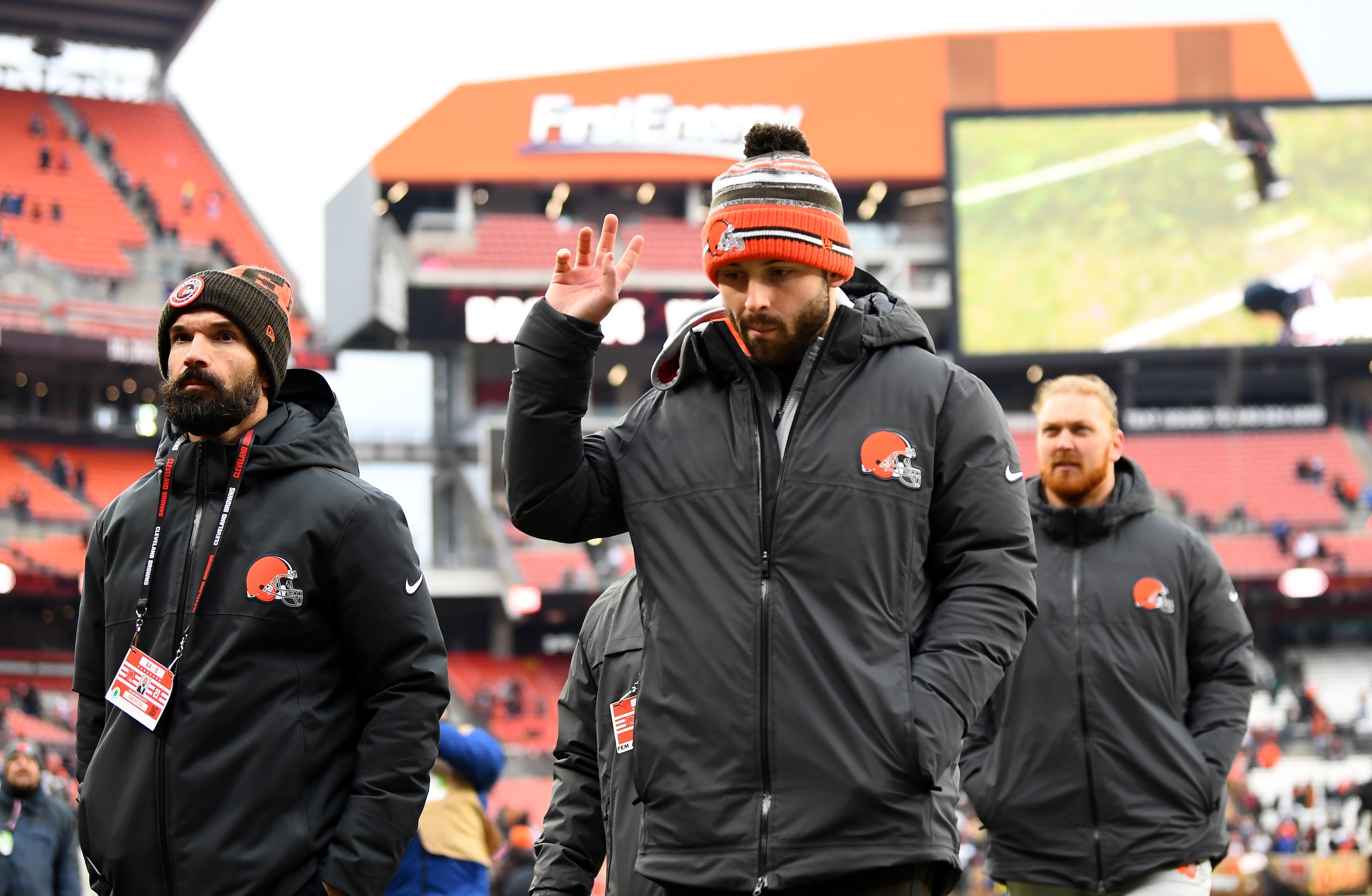 CLEVELAND, OHIO - JANUARY 09: Baker Mayfield #6 of the Cleveland Browns reacts as he walks off the field after Cleveland defeated the Cincinnati Bengals 21-1 at FirstEnergy Stadium on January 09, 2022 in Cleveland, Ohio. (Photo by Emilee Chinn/Getty Images)