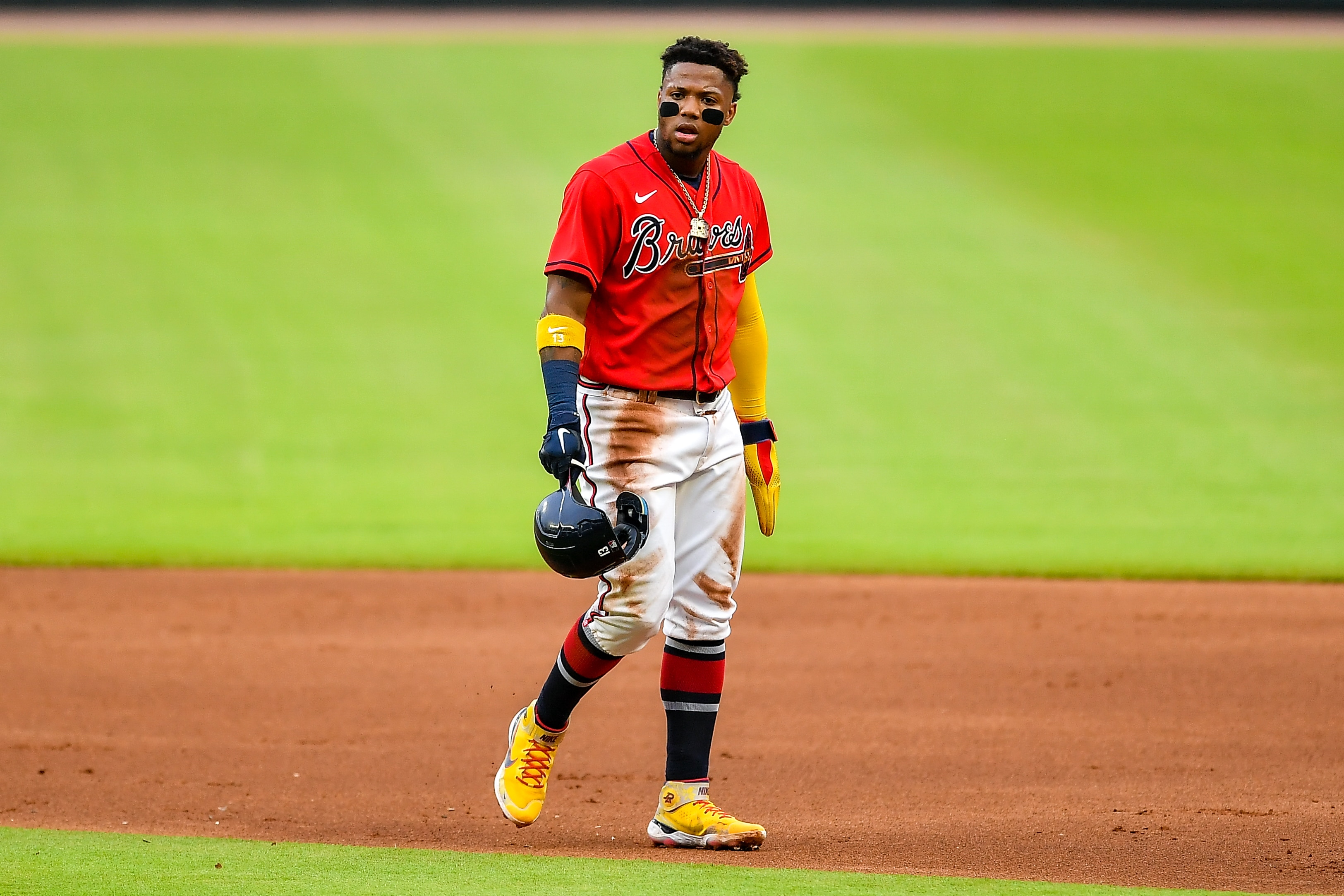 ATLANTA, GA  JUNE 24:  Atlanta right fielder Ronald Acuna Jr. (13) reacts after being thrown out trying to steal second base during the MLB game between the Los Angeles Dodgers and the Atlanta Braves on June 24th, 2022 at Truist Park in Atlanta, GA. (Photo by Rich von Biberstein/Icon Sportswire via Getty Images)