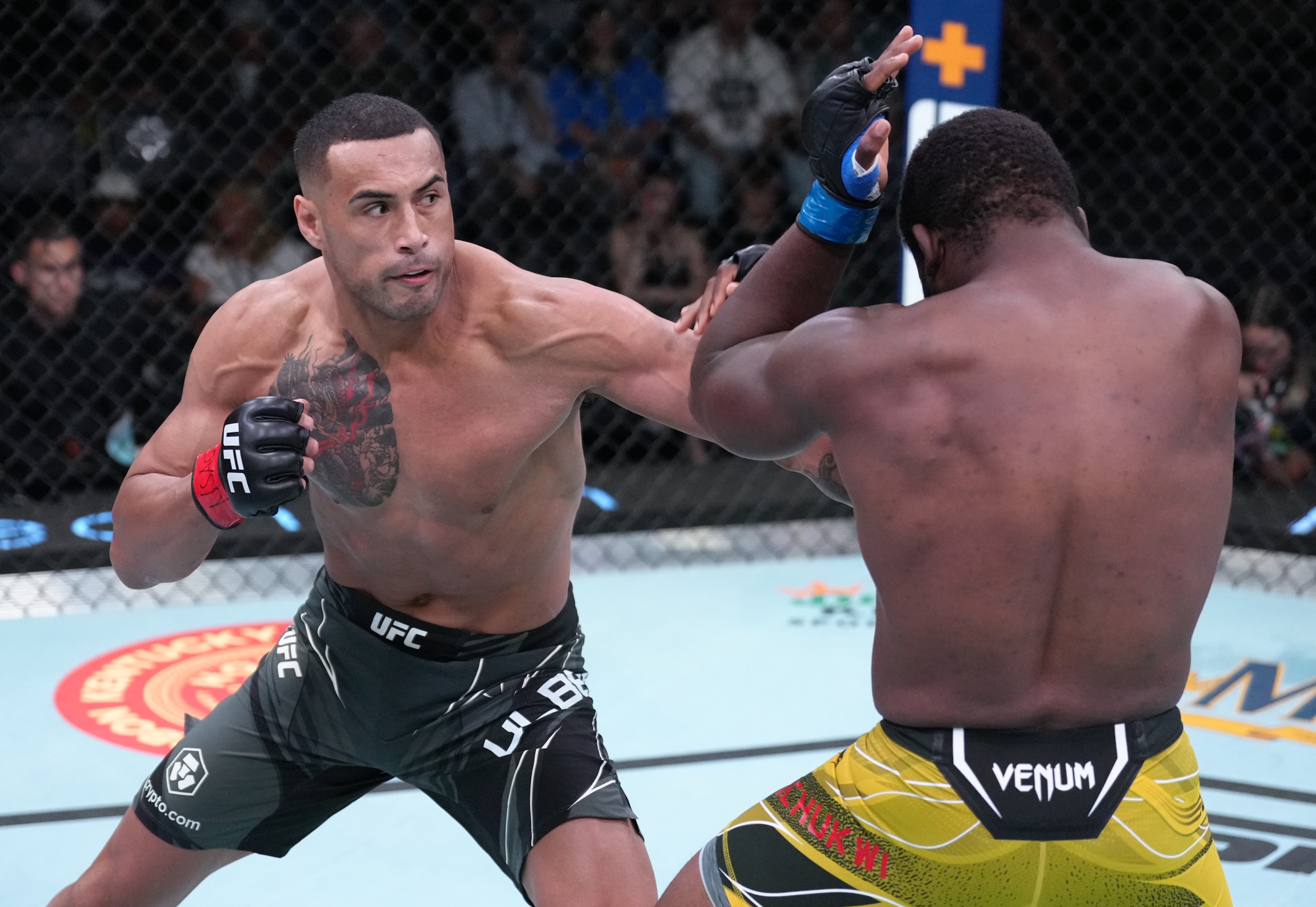 LAS VEGAS, NEVADA - JUNE 25: (L-R) Carlos Ulberg of New Zealand punches Tafon Nchukwi of Cameroon in a light heavyweight fight during the UFC Fight Night event at UFC APEX on June 25, 2022 in Las Vegas, Nevada. (Photo by Jeff Bottari/Zuffa LLC)