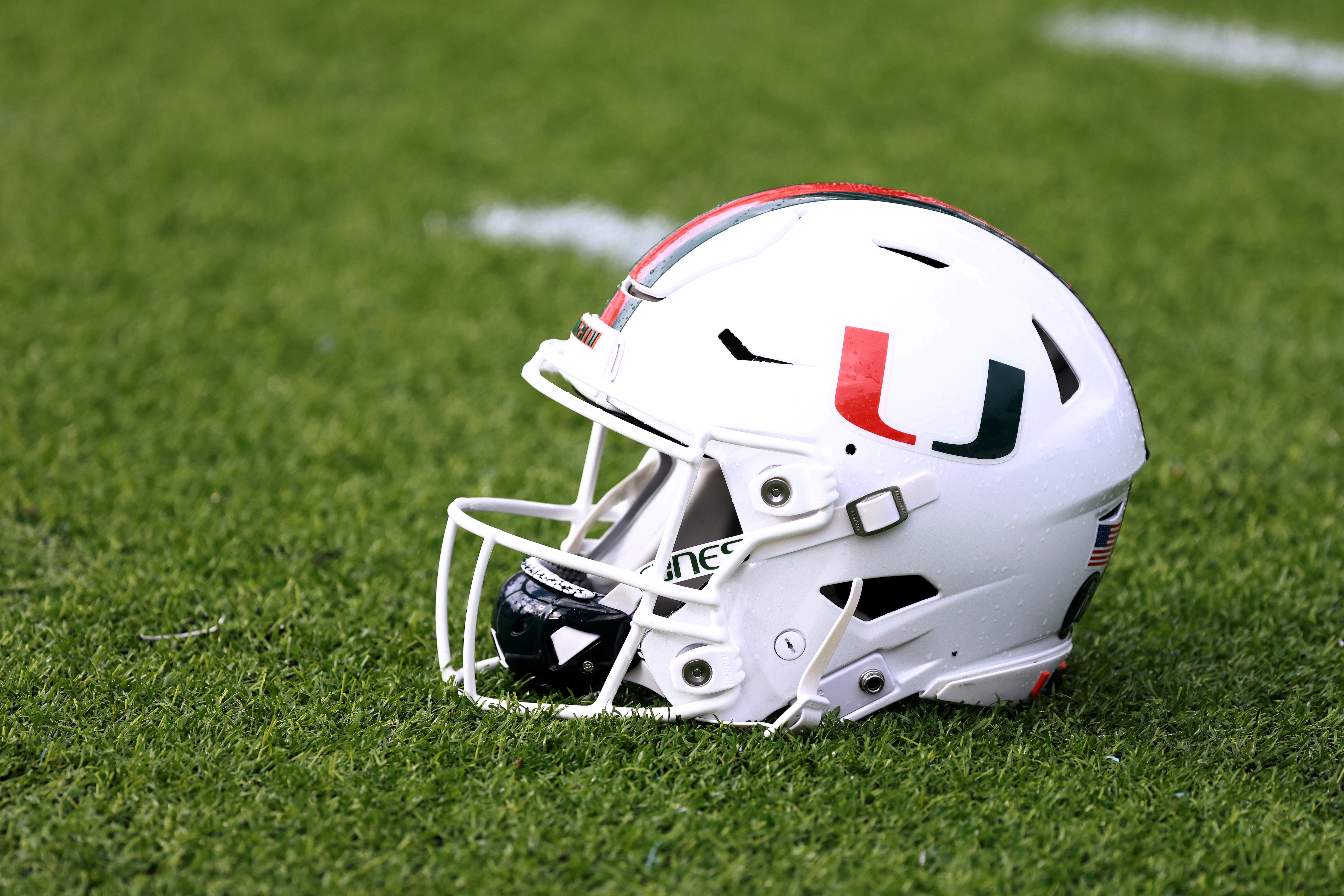 CHAPEL HILL, NORTH CAROLINA - OCTOBER 16: A detailed photo of a Miami Hurricanes helmet during their game against the North Carolina Tar Heels at Kenan Memorial Stadium on October 16, 2021 in Chapel Hill, North Carolina. North Carolina won 45-42. (Photo by Grant Halverson/Getty Images)