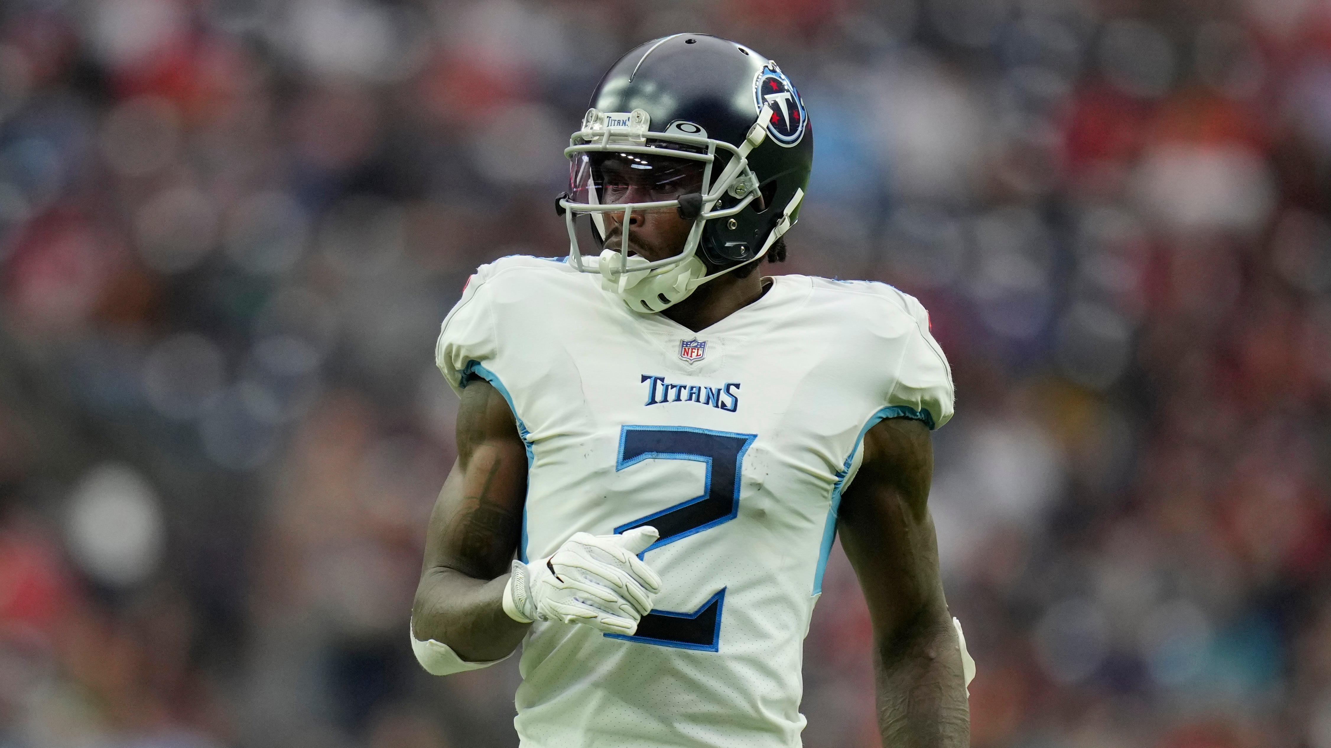 Tennessee Titans wide receiver Julio Jones (2) during the first half of an NFL football game against the Houston Texans, Sunday, Jan. 9, 2022, in Houston. (AP Photo/Eric Christian Smith)