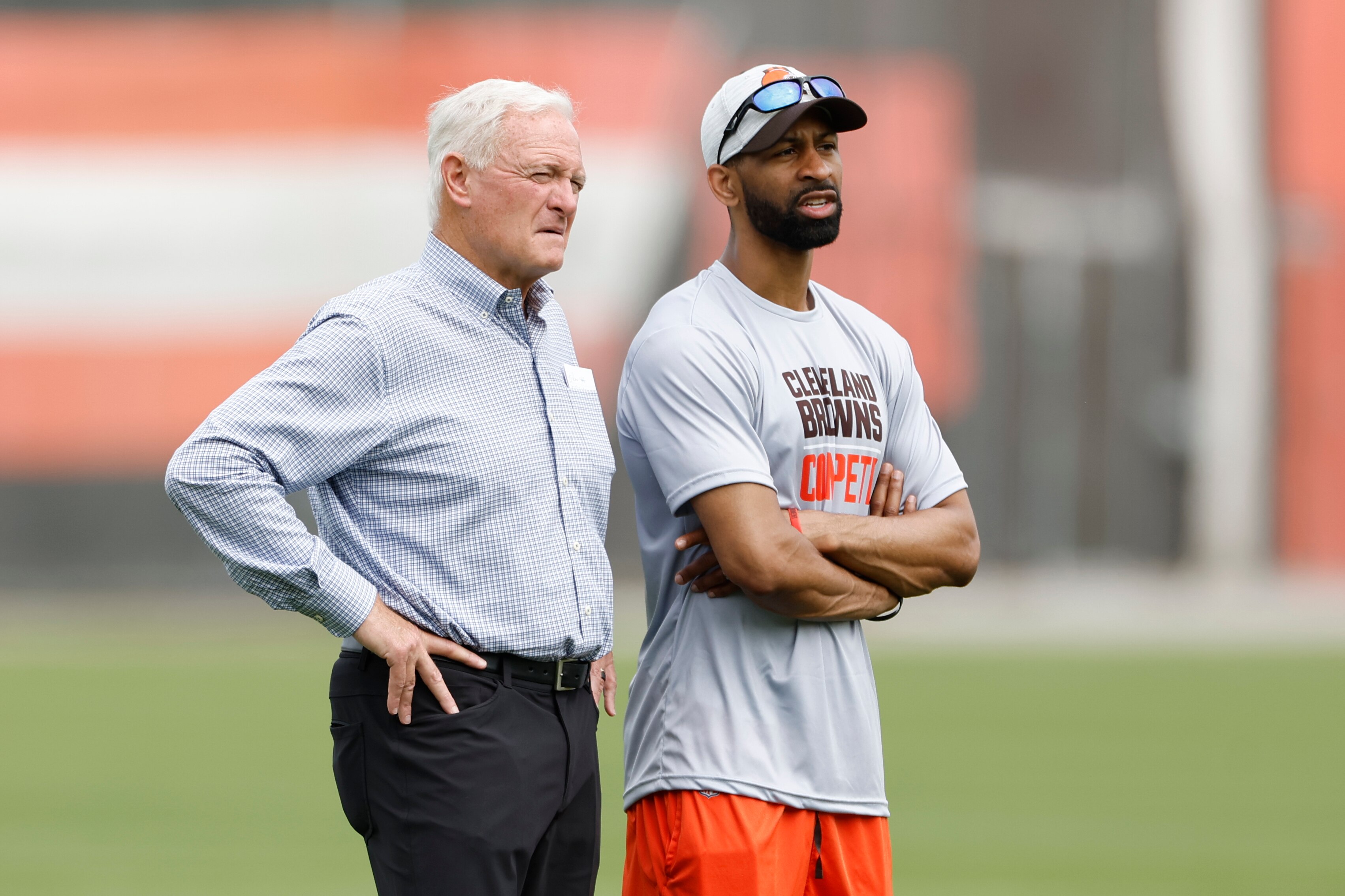 Principle Partner Jimmy Haslam, left, and General Manager Andrew Berry during an NFL football practice at the team's training facility Wednesday, May 25, 2022, in Berea, Ohio. (AP Photo/Ron Schwane)
