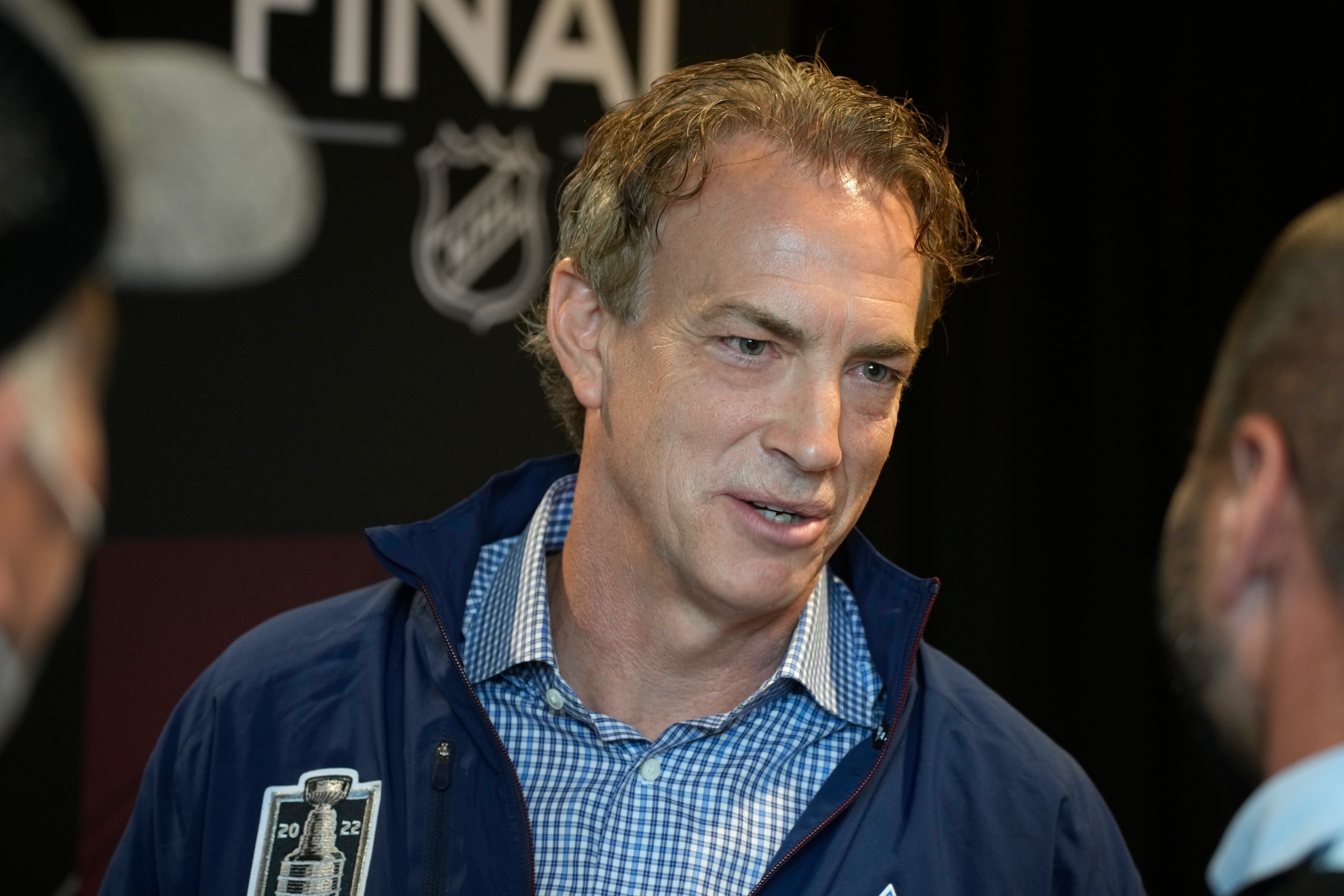 Colorado Avalanche general manager Joe Sakic talks to reporters during media day before Game 1 of the NHL hockey Stanley Cup Finals against the Tampa Bay Lightning Tuesday, June 14, 2022, in Denver. (AP Photo/David Zalubowski)