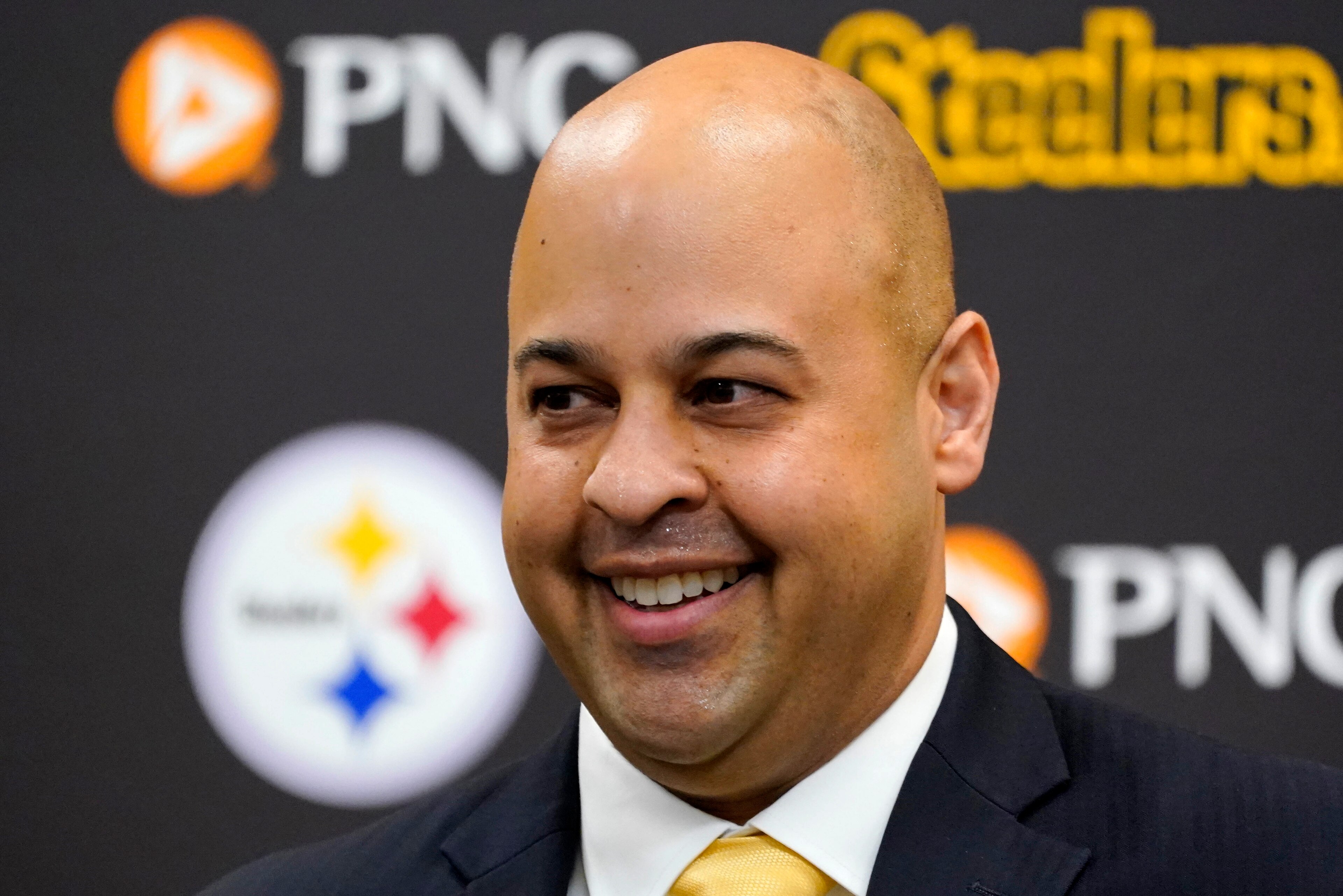 Omar Khan, the new general manager of the Pittsburgh Steelers, meets with reporters at the team's training facility in Pittsburgh, Friday, May 27, 2022. (AP Photo/Gene J. Puskar) Omar Khan, the new general manager of the Pittsburgh Steelers, meets with reporters at the team's training facility in Pittsburgh, Friday, May 27, 2022. (AP Photo/Gene J. Puskar)