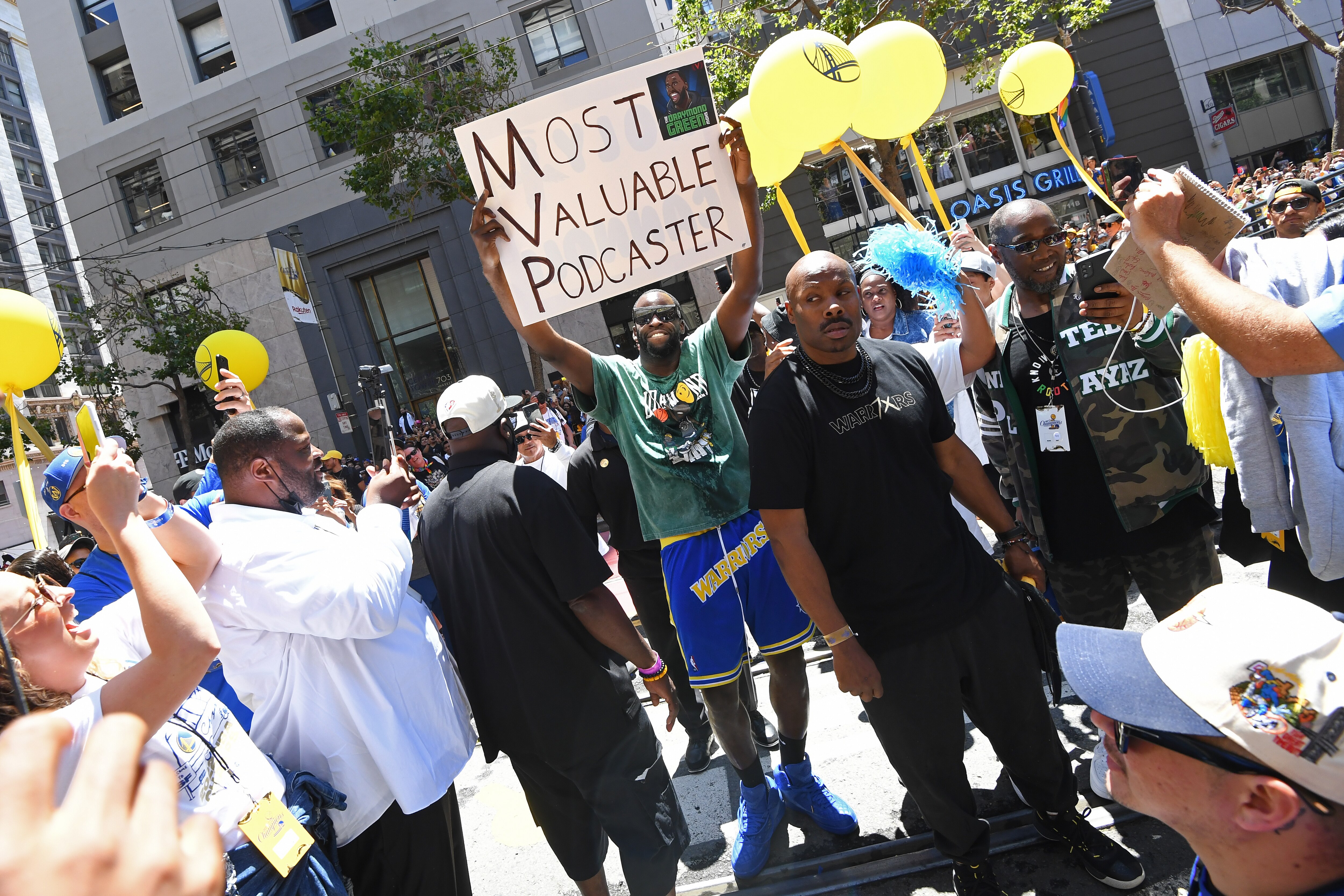 SAN FRANCISCO, CA - JUNE 20: Draymond Green #23 of the Golden State Warriors celebrates during their 2022 Victory Parade & Rally on June 20, 2022 at Chase Center in San Francisco, California. NOTE TO USER: User expressly acknowledges and agrees that, by downloading and or using this photograph, user is consenting to the terms and conditions of Getty Images License Agreement. Mandatory Copyright Notice: Copyright 2022 NBAE (Photo by Noah Graham/NBAE via Getty Images)