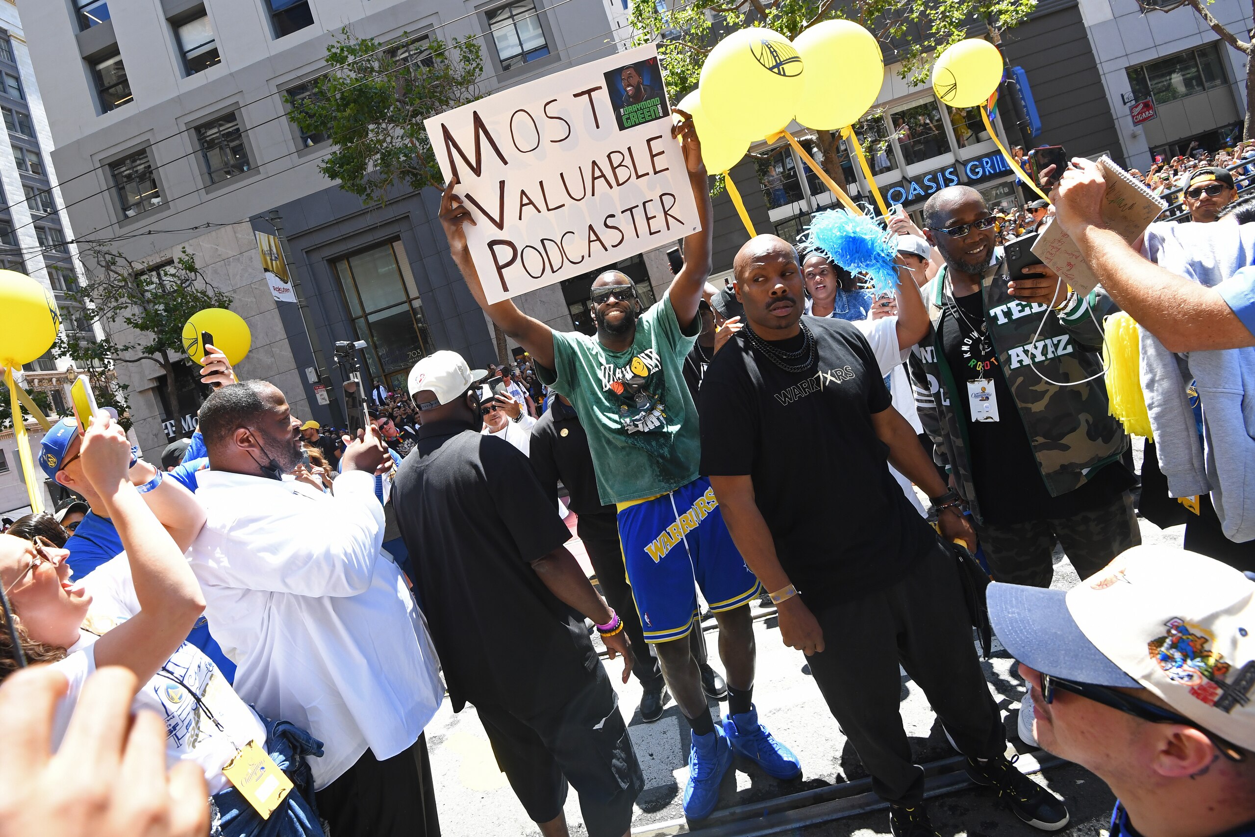 SAN FRANCISCO, CA - JUNE 20: Draymond Green #23 of the Golden State Warriors celebrates during their 2022 Victory Parade & Rally on June 20, 2022 at Chase Center in San Francisco, California. NOTE TO USER: User expressly acknowledges and agrees that, by downloading and or using this photograph, user is consenting to the terms and conditions of Getty Images License Agreement. Mandatory Copyright Notice: Copyright 2022 NBAE (Photo by Noah Graham/NBAE via Getty Images)