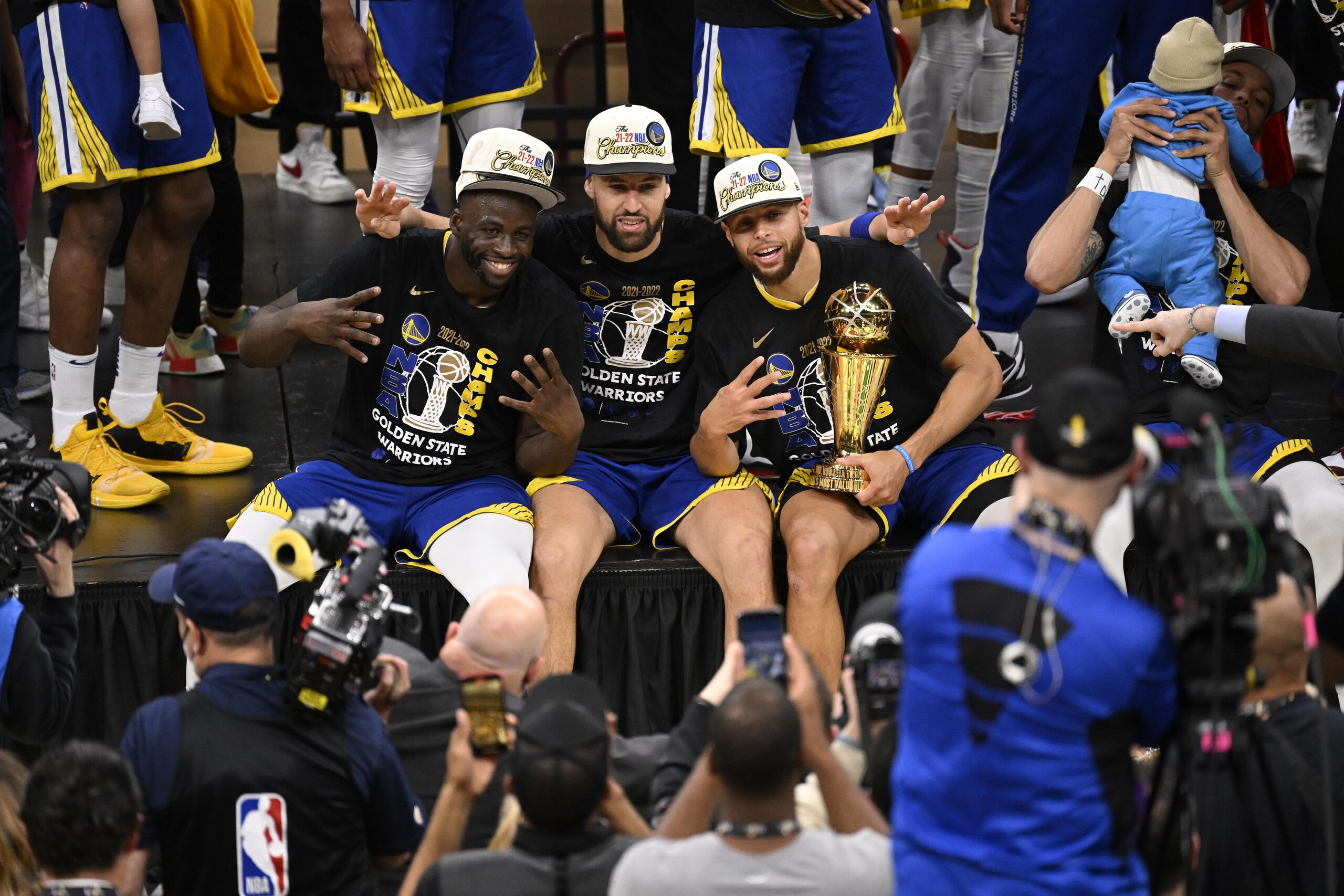 Basketball: NBA Finals: Golden State Warriors Stephen Curry (30), Klay Thompson (11) and Draymond Green (23) pose victorious following game vs Boston Celtics at TD Garden. Game 6. Boston, MA 6/16/2022 CREDIT: Greg Nelson (Photo by Greg Nelson/Sports Illustrated via Getty Images) (Set Number: X164099 TK1)
