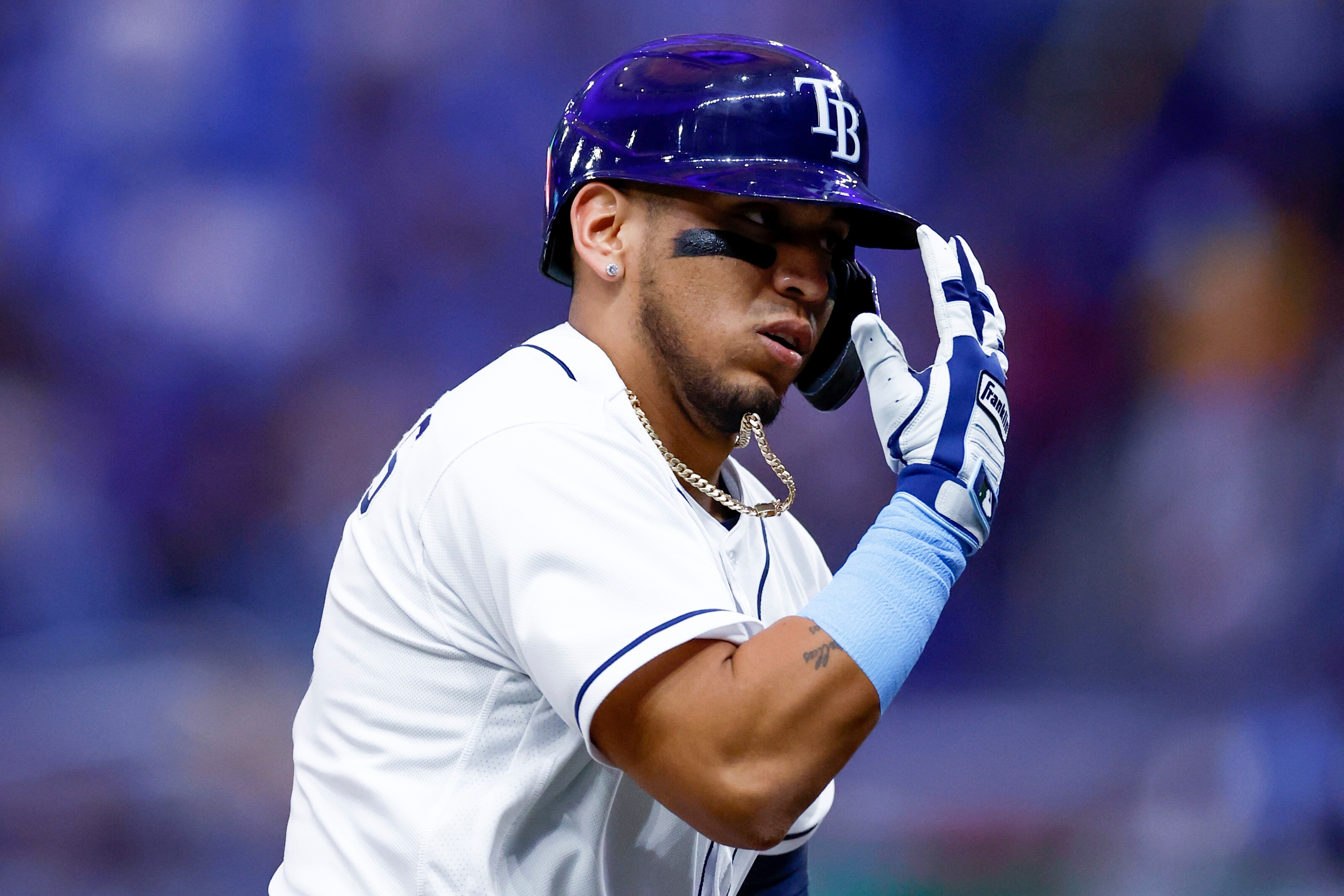 ST PETERSBURG, FLORIDA - JUNE 21: Isaac Paredes #17 of the Tampa Bay Rays reacts after hitting his second solo home run of the evening during the third inning against the New York Yankees at Tropicana Field on June 21, 2022 in St Petersburg, Florida. (Photo by Douglas P. DeFelice/Getty Images)