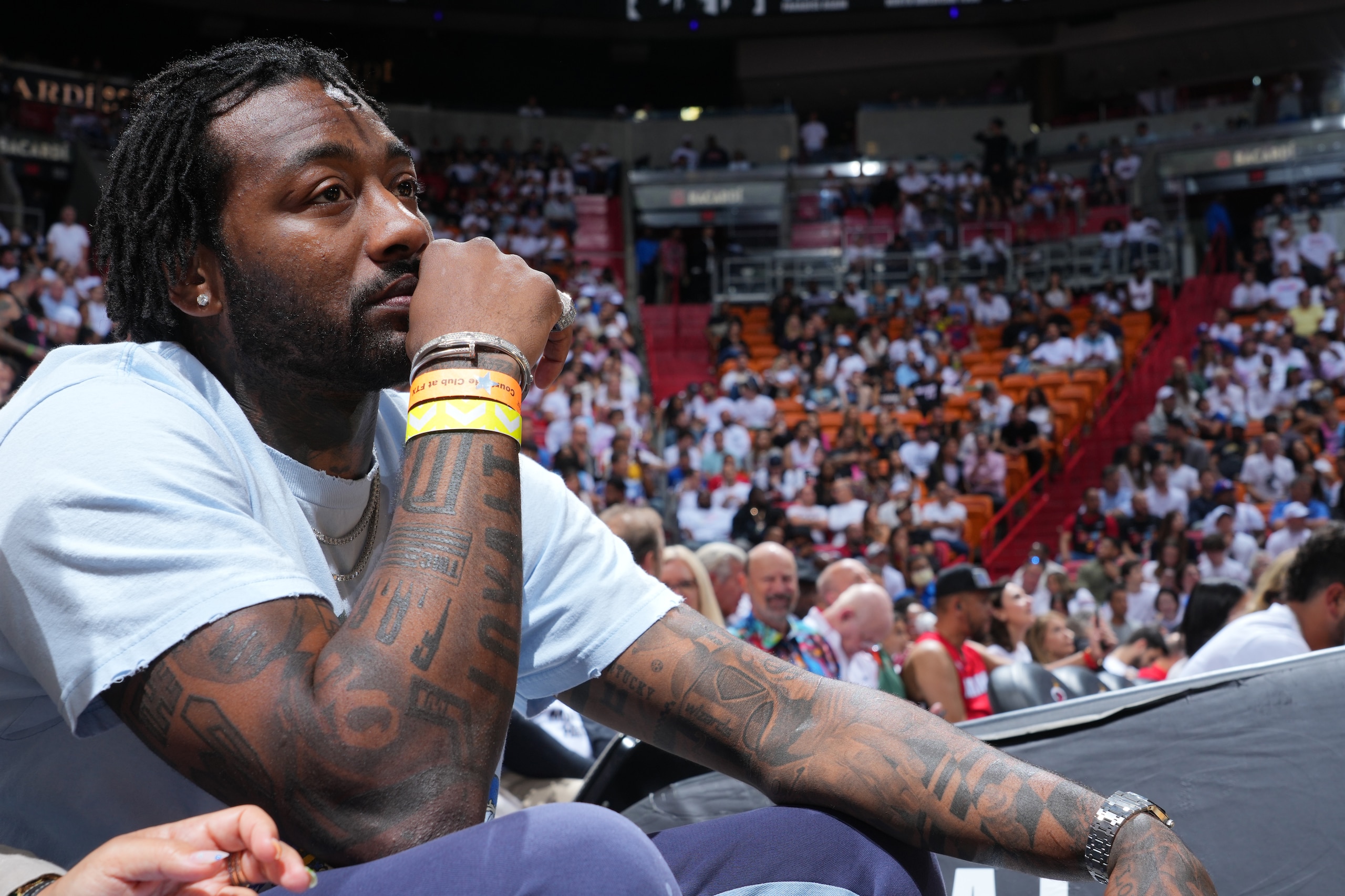MIAMI, FL - MAY 10: NBA Player John Wall attends a game between the Philadelphia 76ers and the Miami Heat during Game 5 of the 2022 NBA Playoffs Eastern Conference Semifinals on May 10, 2022 at The FTX Arena in Miami, Florida. NOTE TO USER: User expressly acknowledges and agrees that, by downloading and/or using this Photograph, user is consenting to the terms and conditions of the Getty Images License Agreement. Mandatory Copyright Notice: Copyright 2022 NBAE (Photo by Jesse D. Garrabrant/NBAE via Getty Images)
