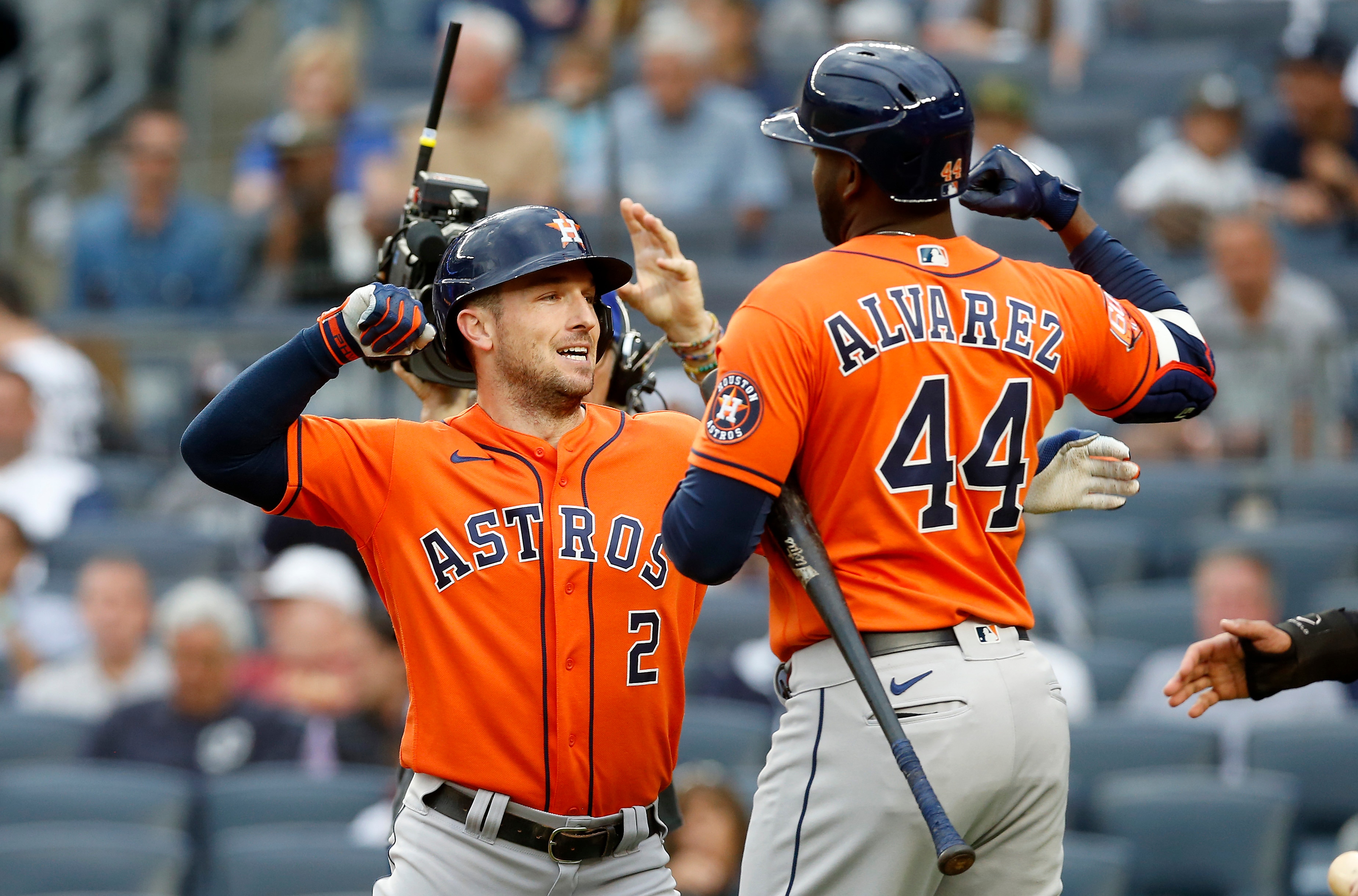 NEW YORK, NEW YORK - JUNE 23:  Alex Bregman #2 of the Houston Astros celebrates his first inning three run home run against the New York Yankees with teammate Yordan Alvarez #44 at Yankee Stadium on June 23, 2022 in New York City. The Yankees defeated the Astros 7-6. (Photo by Jim McIsaac/Getty Images)